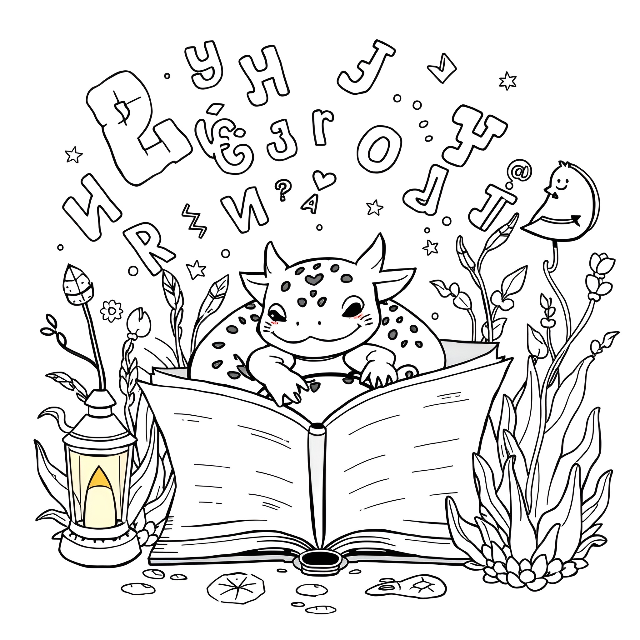 Axolotl Reading a Book in Nature Coloring Page (free black-and-white line drawing printable PDF for all, from beginners to advanced learners, including children, teens, adults, and seniors)