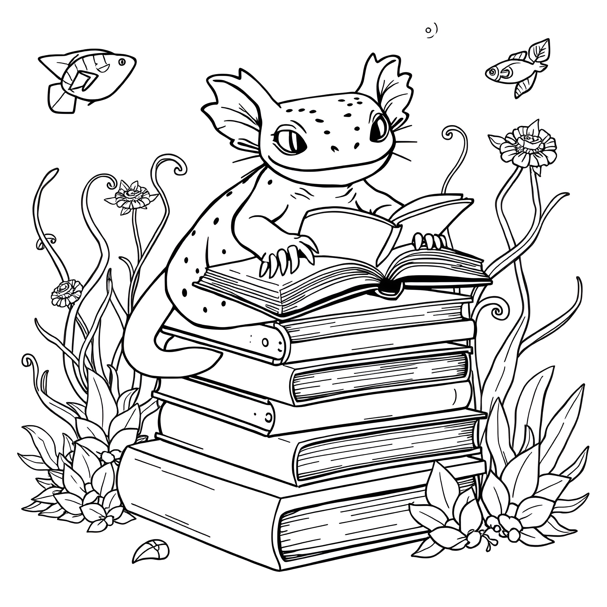 Axolotl reading books surrounded by nature Coloring Page (free black-and-white line drawing printable PDF for all, from beginners to advanced learners, including children, teens, adults, and seniors)