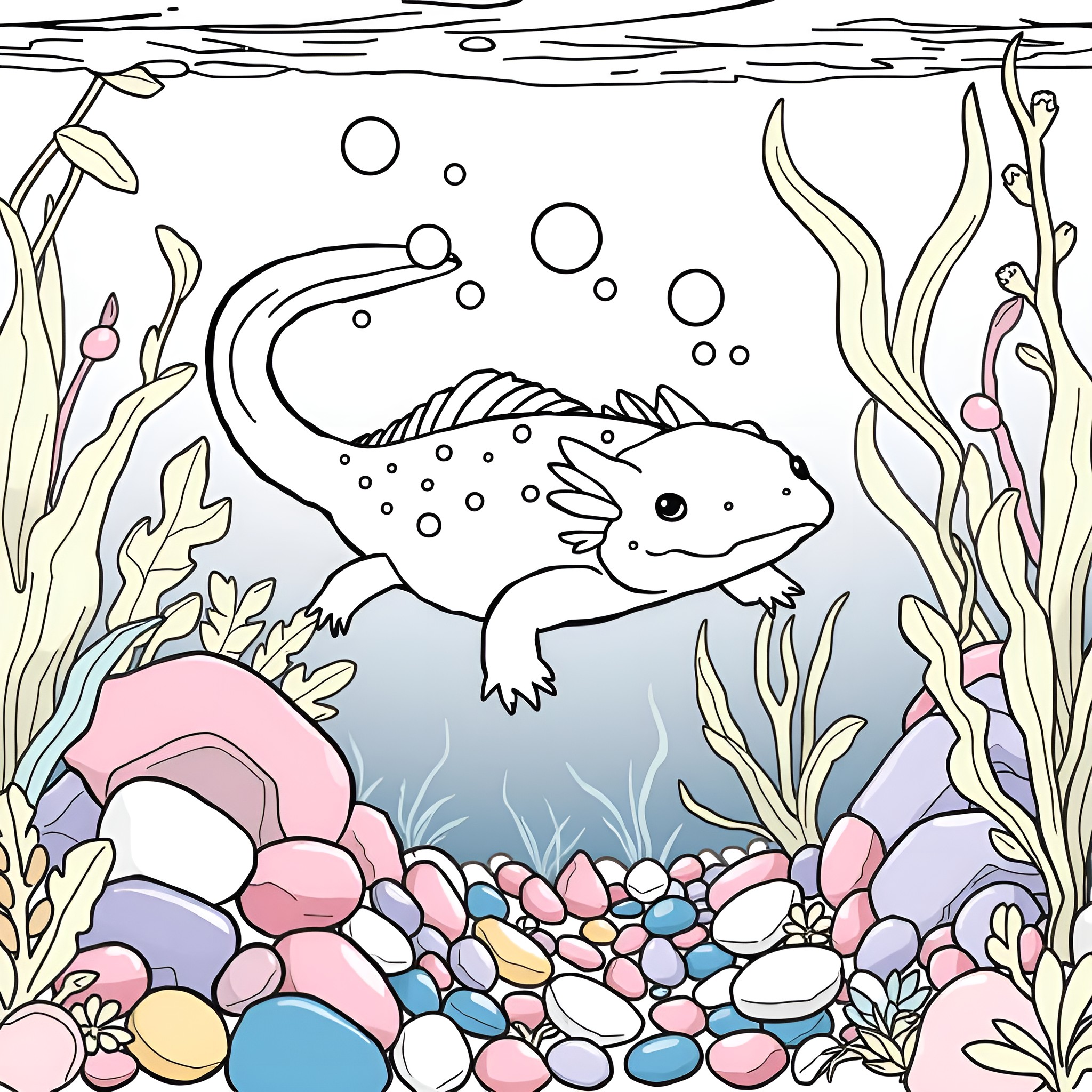 Axolotl swimming playfully among seaweed and pebbles Coloring Page (free black-and-white line drawing printable PDF for all, from beginners to advanced learners, including children, teens, adults, and seniors)