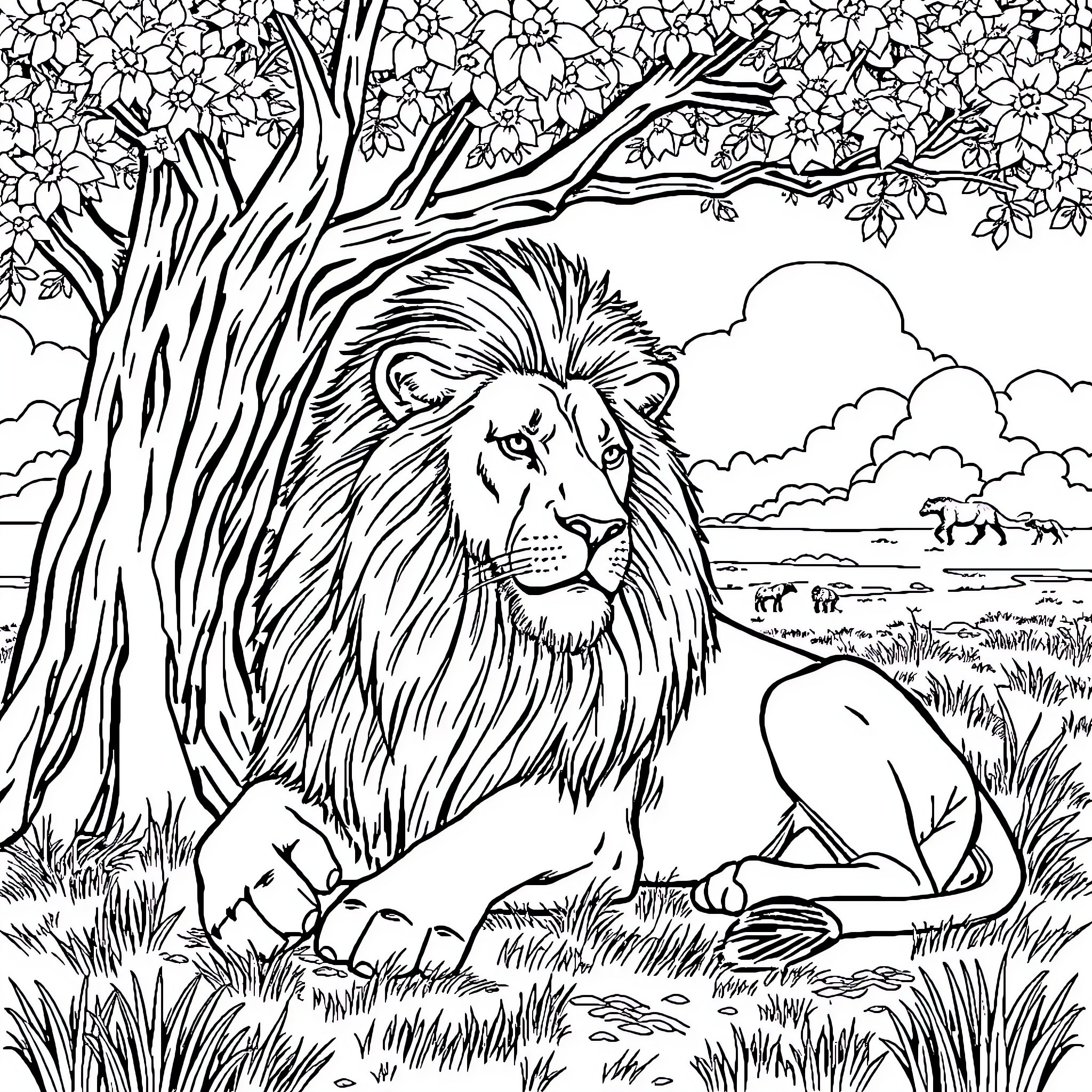Lion resting in the wild nature landscape Coloring Page (free black-and-white line drawing printable PDF for all, from beginners to advanced learners, including children, teens, adults, and seniors)