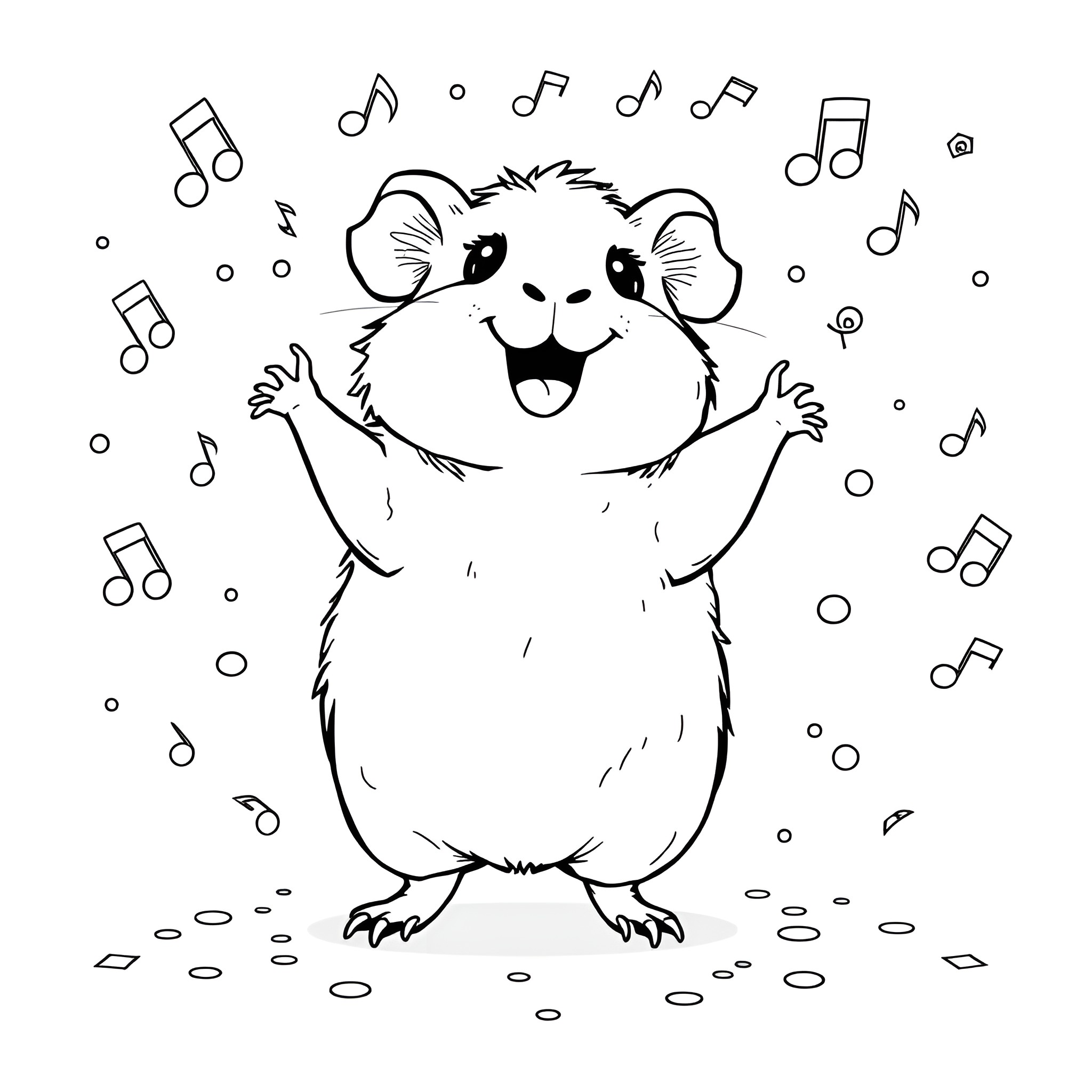 Guinea Pig Jamming to Musical Notes Coloring Page (free black-and-white line drawing printable PDF for all, from beginners to advanced learners, including children, teens, adults, and seniors)