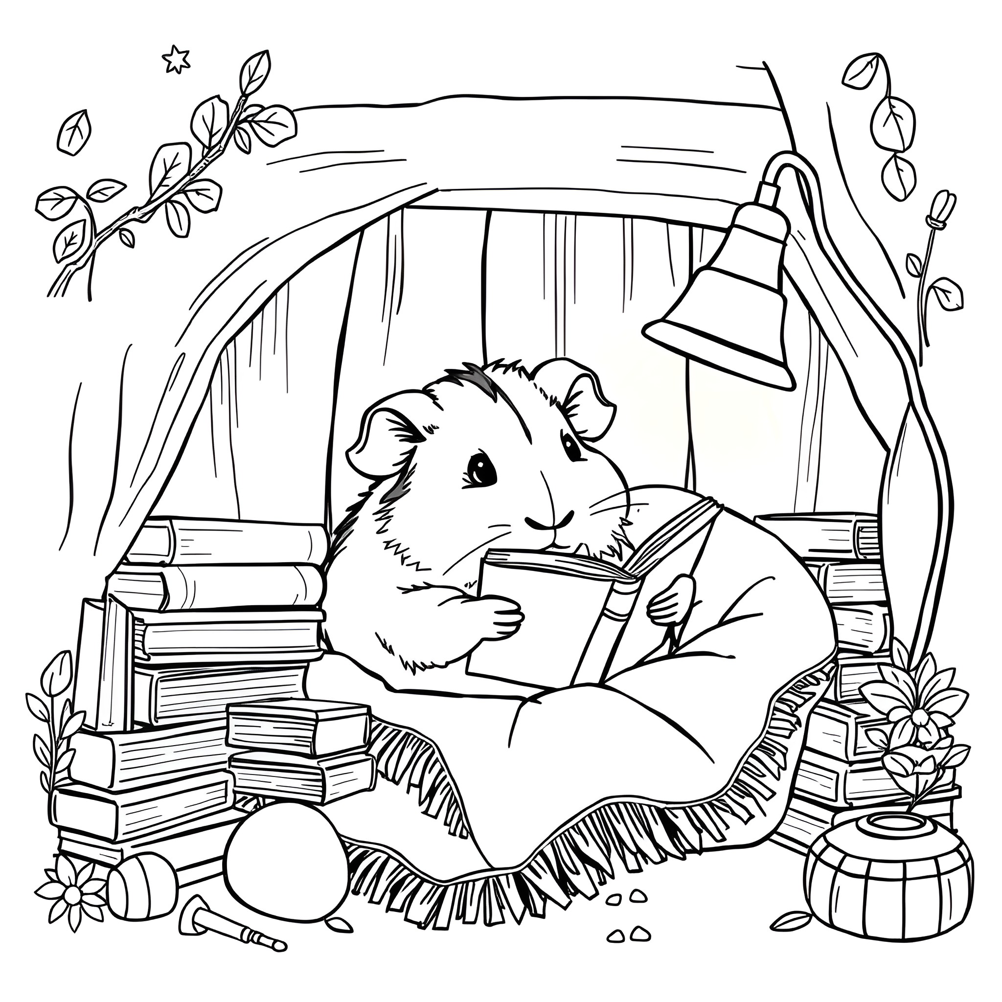 Guinea Pig reading books in cozy study Coloring Page (free black-and-white line drawing printable PDF for all, from beginners to advanced learners, including children, teens, adults, and seniors)