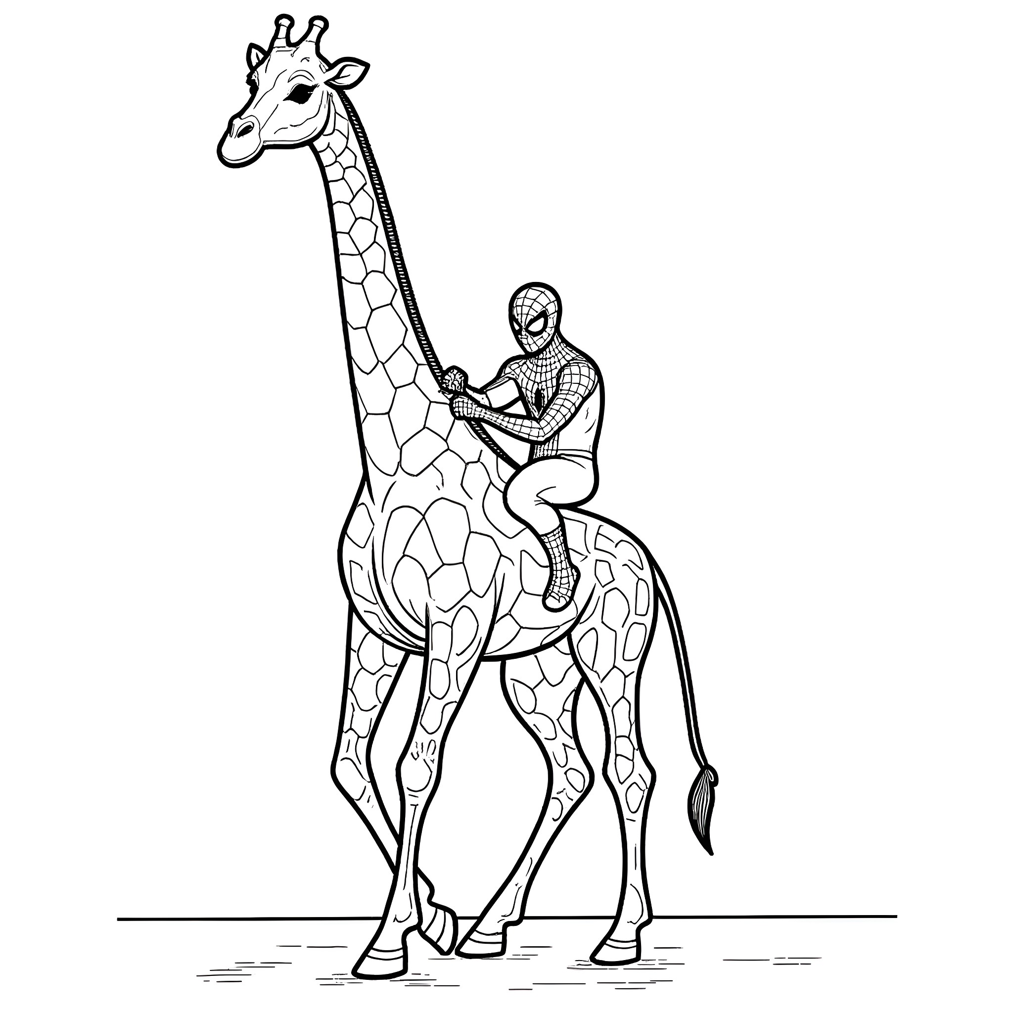 Spiderman riding a giraffe in the wild Coloring Page (free black-and-white line drawing printable PDF for all, from beginners to advanced learners, including children, teens, adults, and seniors)