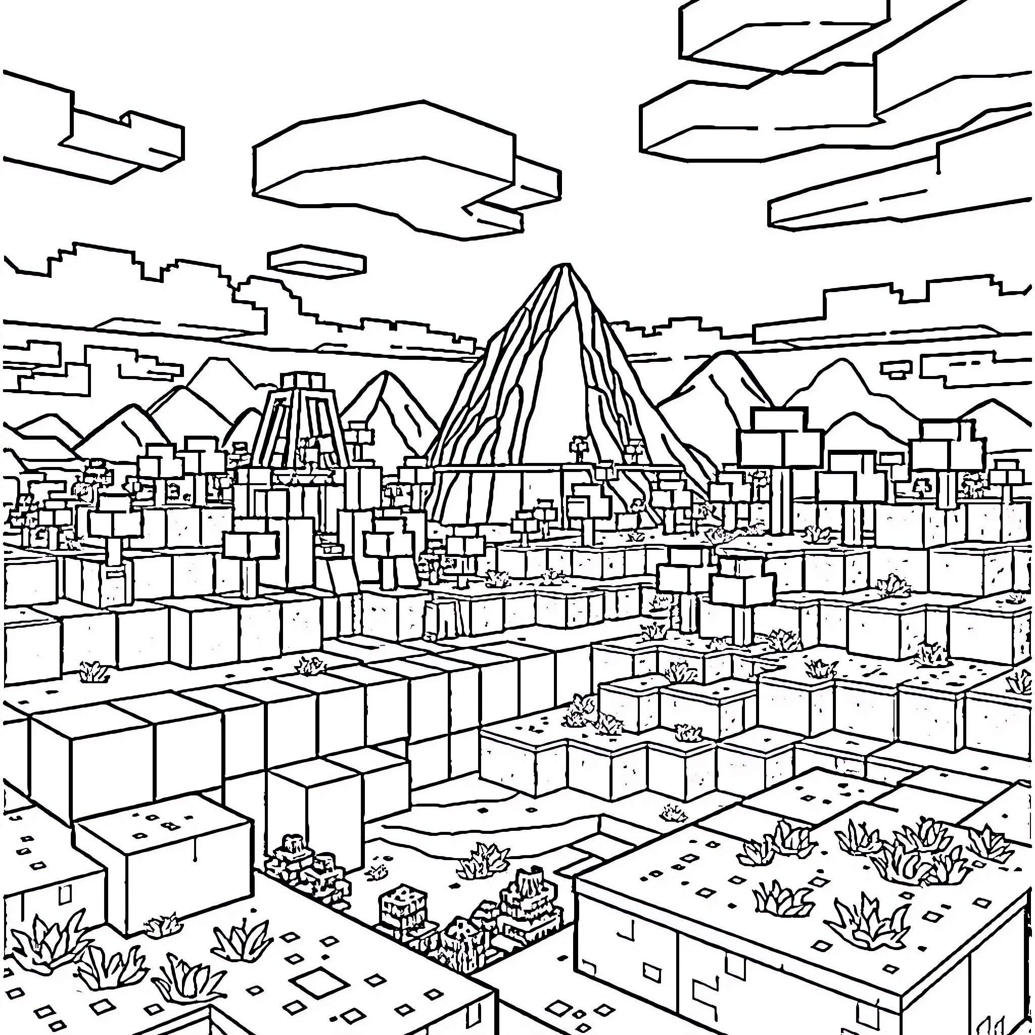 Minecraft geometric city with mountainous landscape Coloring Page (free black-and-white line drawing printable PDF for all, from beginners to advanced learners, including children, teens, adults, and seniors)
