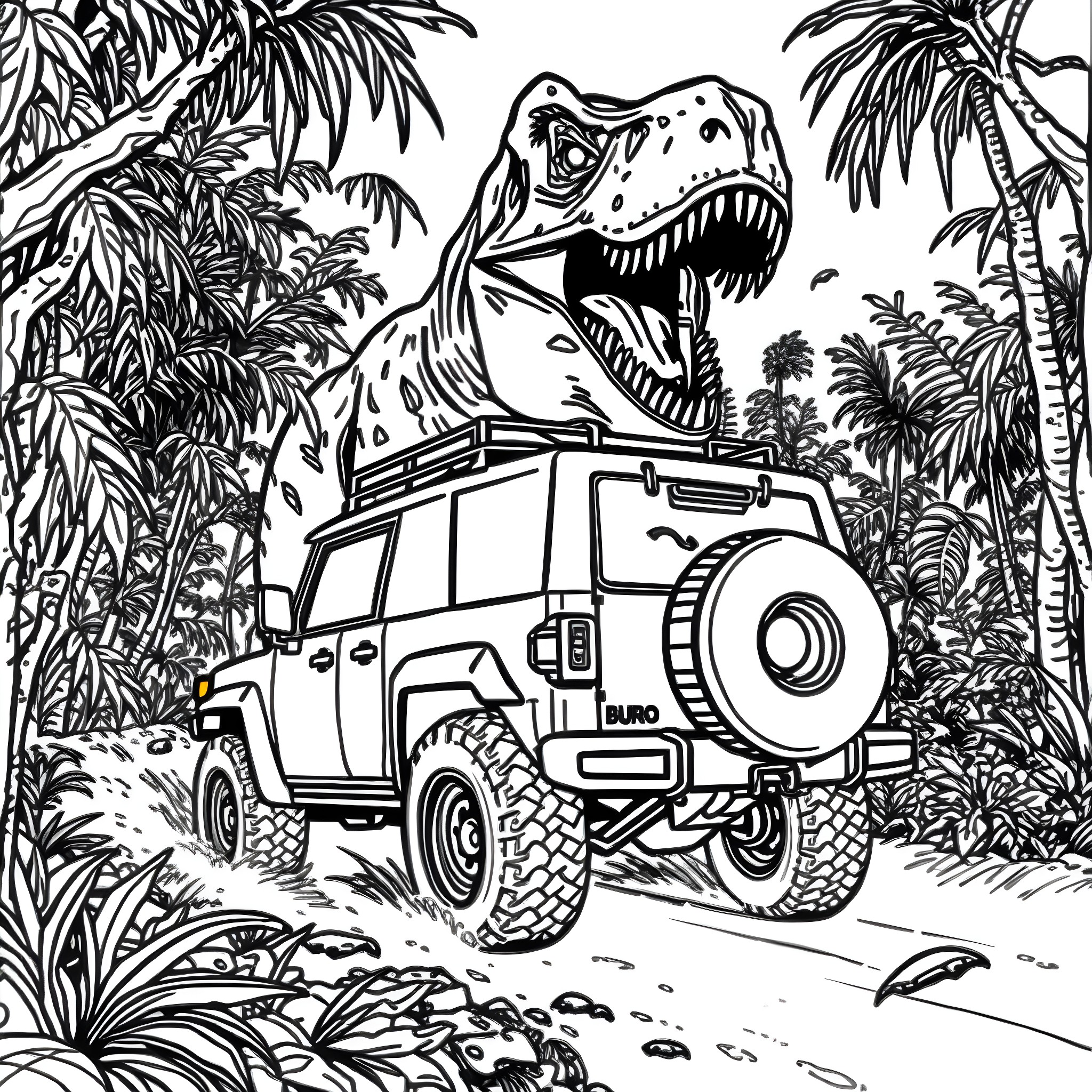 4runner expedition through the jungle with dinosaur Coloring Page (free black-and-white line drawing printable PDF for all, from beginners to advanced learners, including children, teens, adults, and seniors)