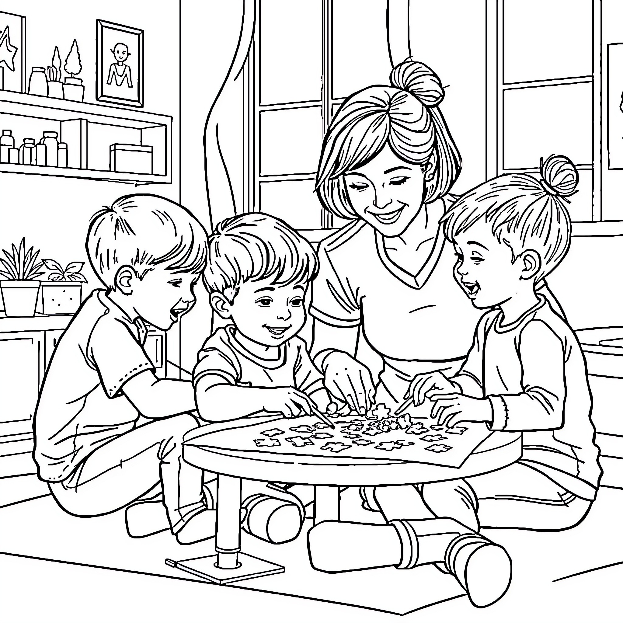 Child Playing Board Game with Family Members Coloring Page (free black-and-white line drawing printable PDF for all, from beginners to advanced learners, including children, teens, adults, and seniors)