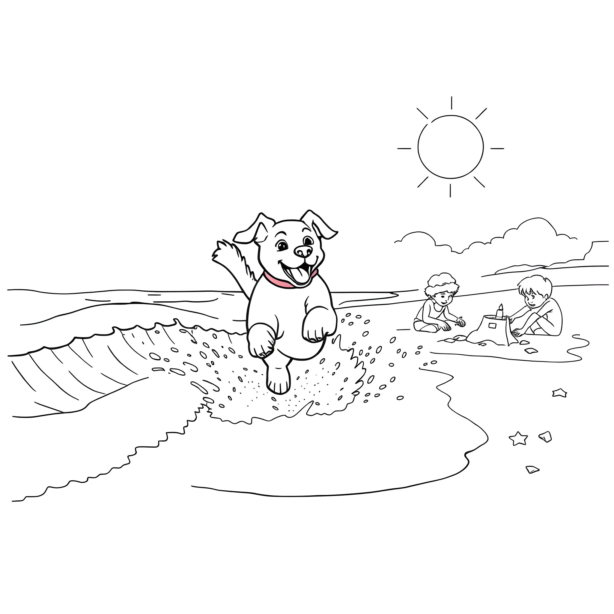 Dog playing joyfully in the waves at the beach Coloring Page (free black-and-white line drawing printable PDF for all, from beginners to advanced learners, including children, teens, adults, and seniors)