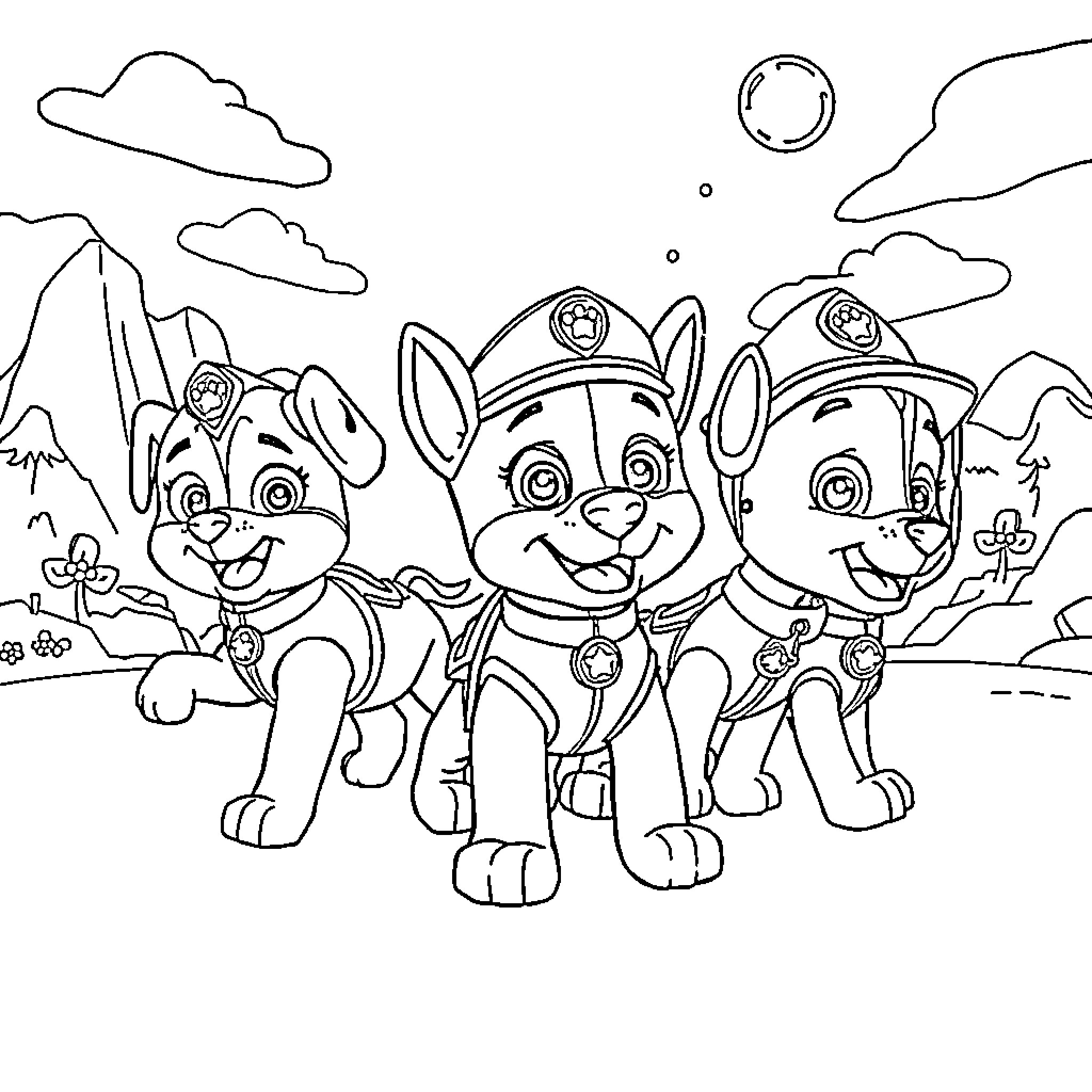 Paw Patrol Pups on an Adventure Coloring Page (free black-and-white line drawing printable PDF for all, from beginners to advanced learners, including children, teens, adults, and seniors)