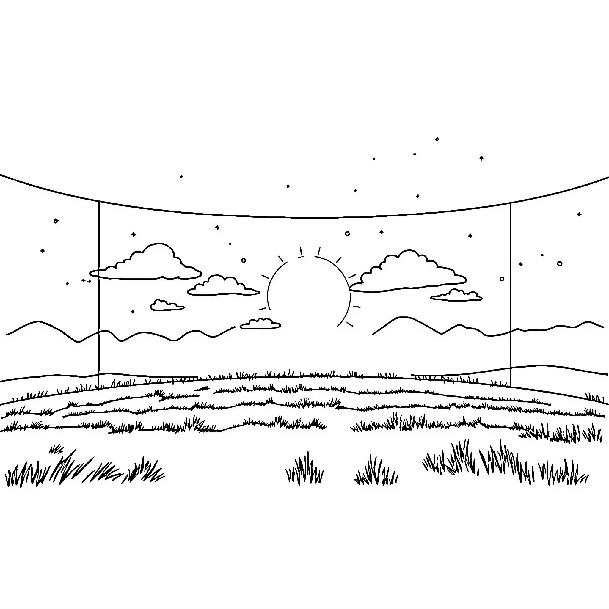 Space landscape with hills and sun Coloring Page (free black-and-white line drawing printable PDF for all, from beginners to advanced learners, including children, teens, adults, and seniors)