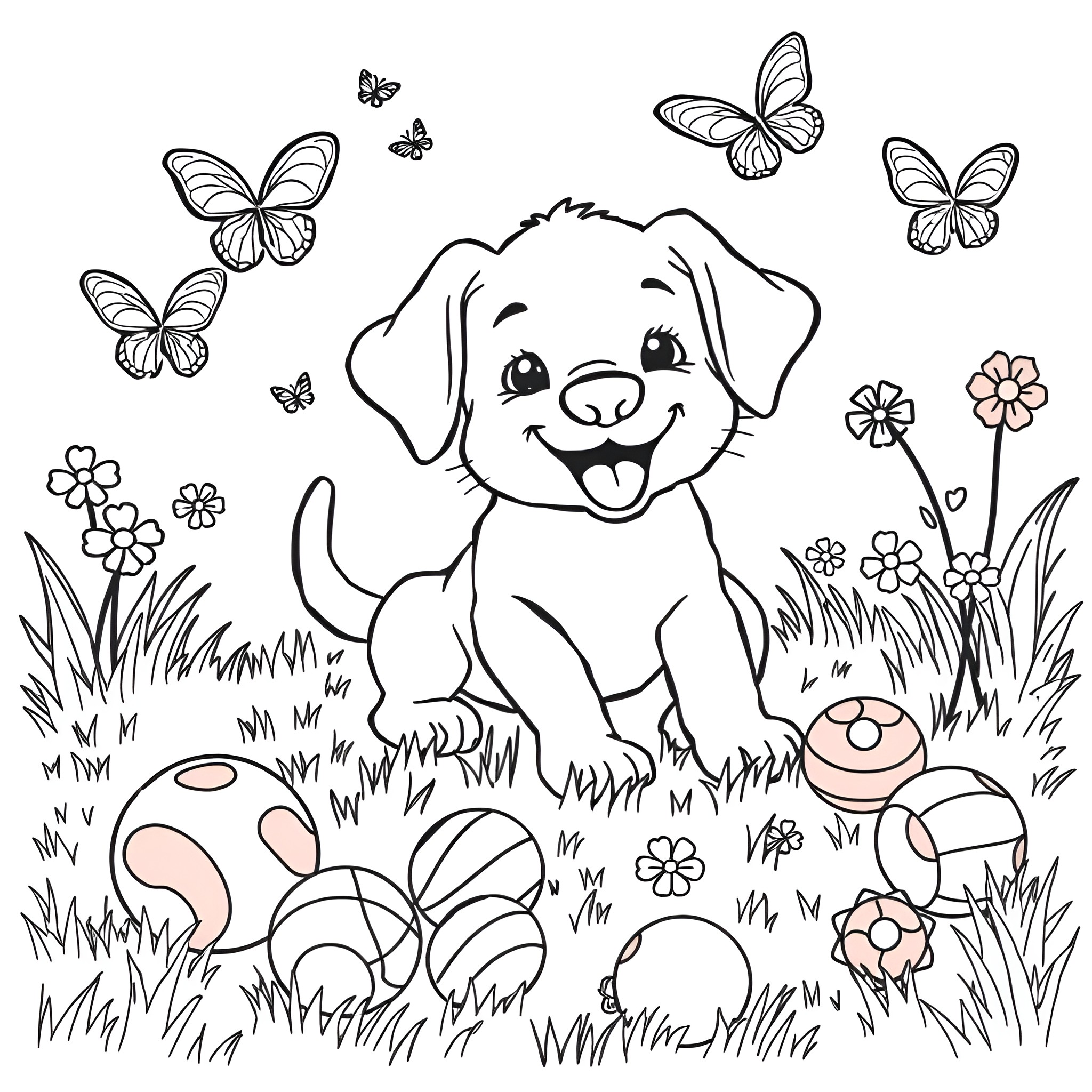 Puppies Named Zoey Playing in a Flower Garden Coloring Page (free black-and-white line drawing printable PDF for all, from beginners to advanced learners, including children, teens, adults, and seniors)