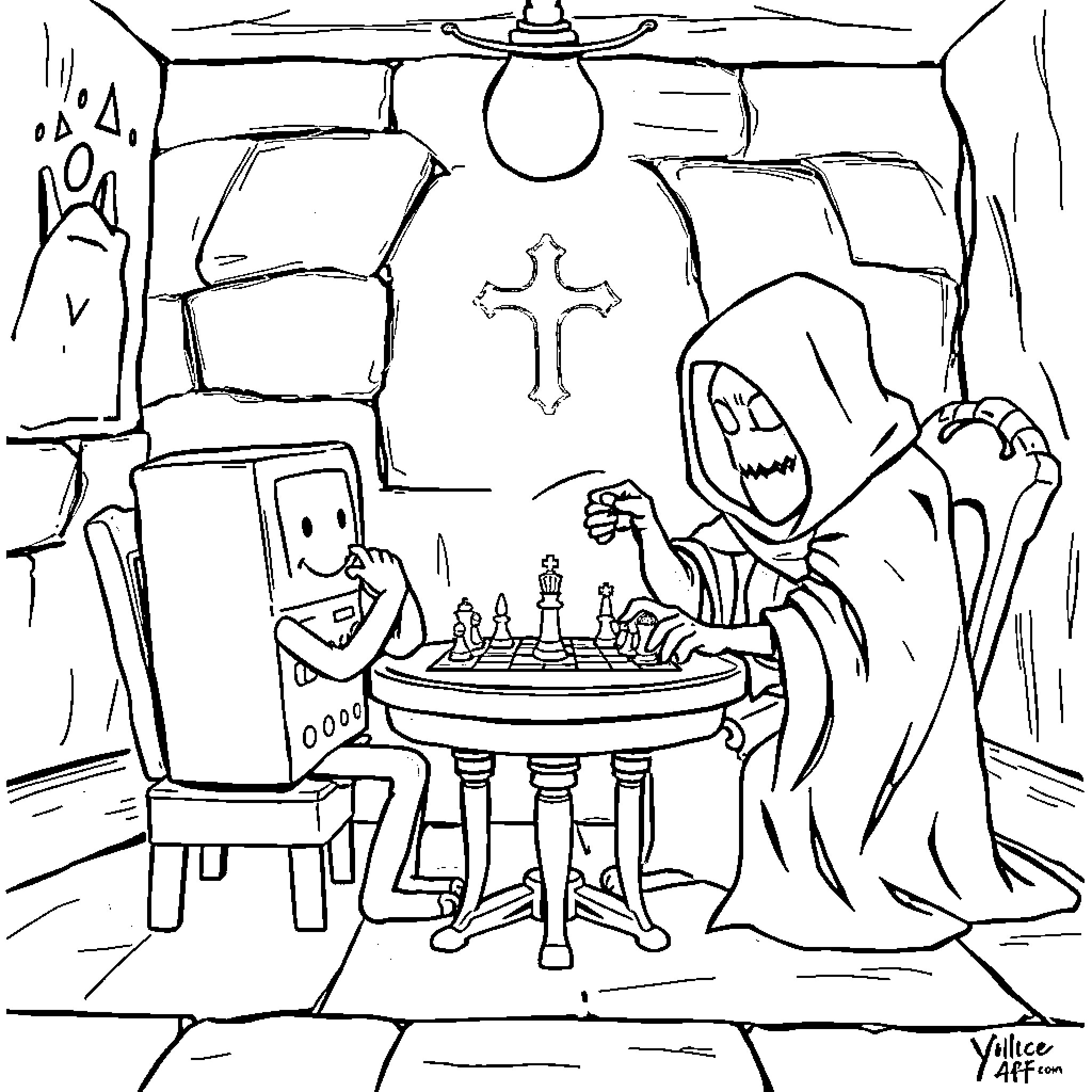 BMO playing chess with a mysterious hooded figure Coloring Page (free black-and-white line drawing printable PDF for all, from beginners to advanced learners, including children, teens, adults, and seniors)