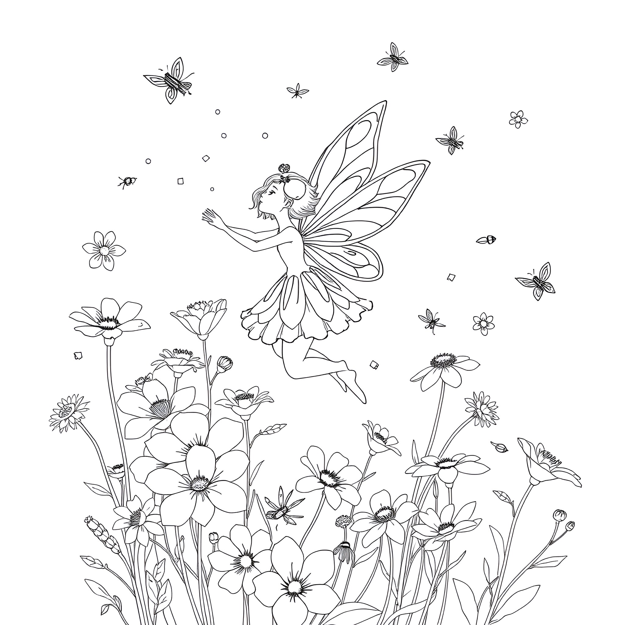 Flower Fairy dancing amidst blooming flowers Coloring Page (free black-and-white line drawing printable PDF for all, from beginners to advanced learners, including children, teens, adults, and seniors)