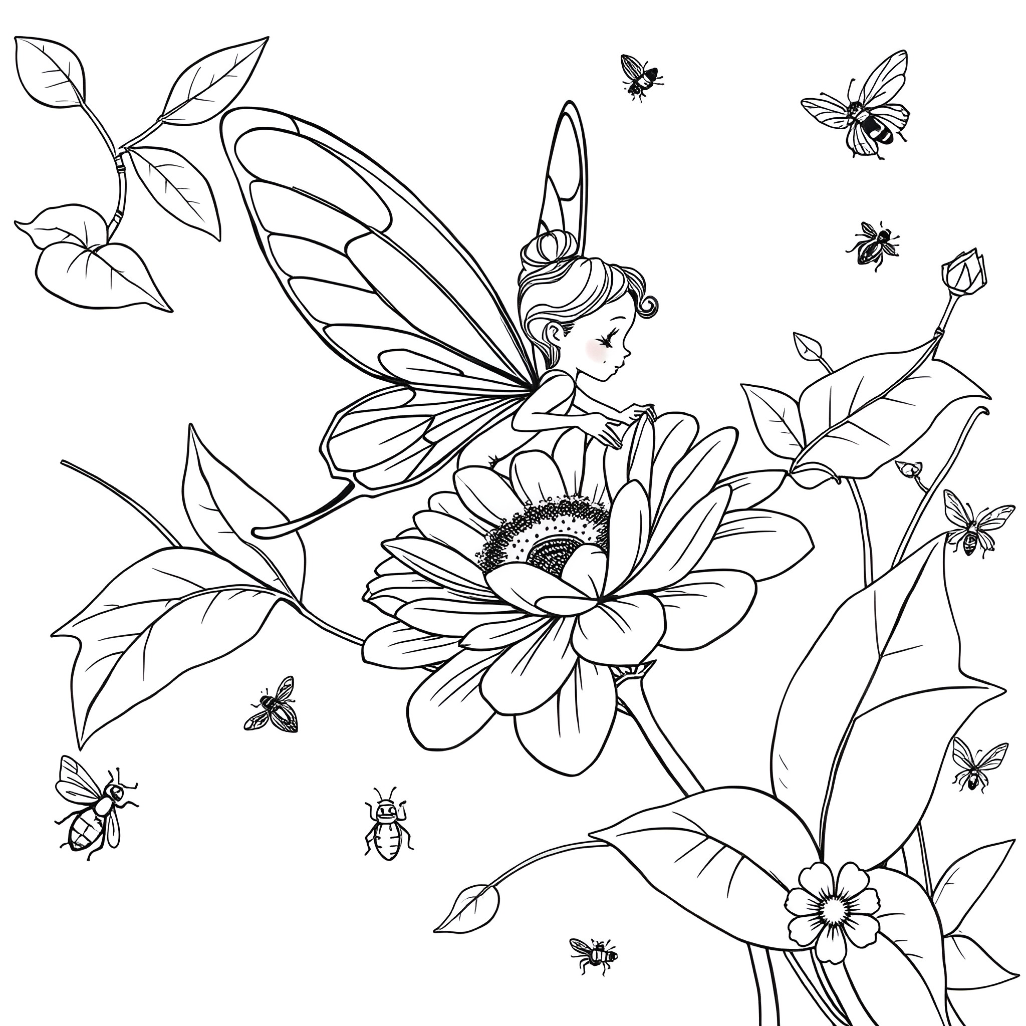 Fairy resting on a sunflower amidst fluttering butterflies Coloring Page (free black-and-white line drawing printable PDF for all, from beginners to advanced learners, including children, teens, adults, and seniors)