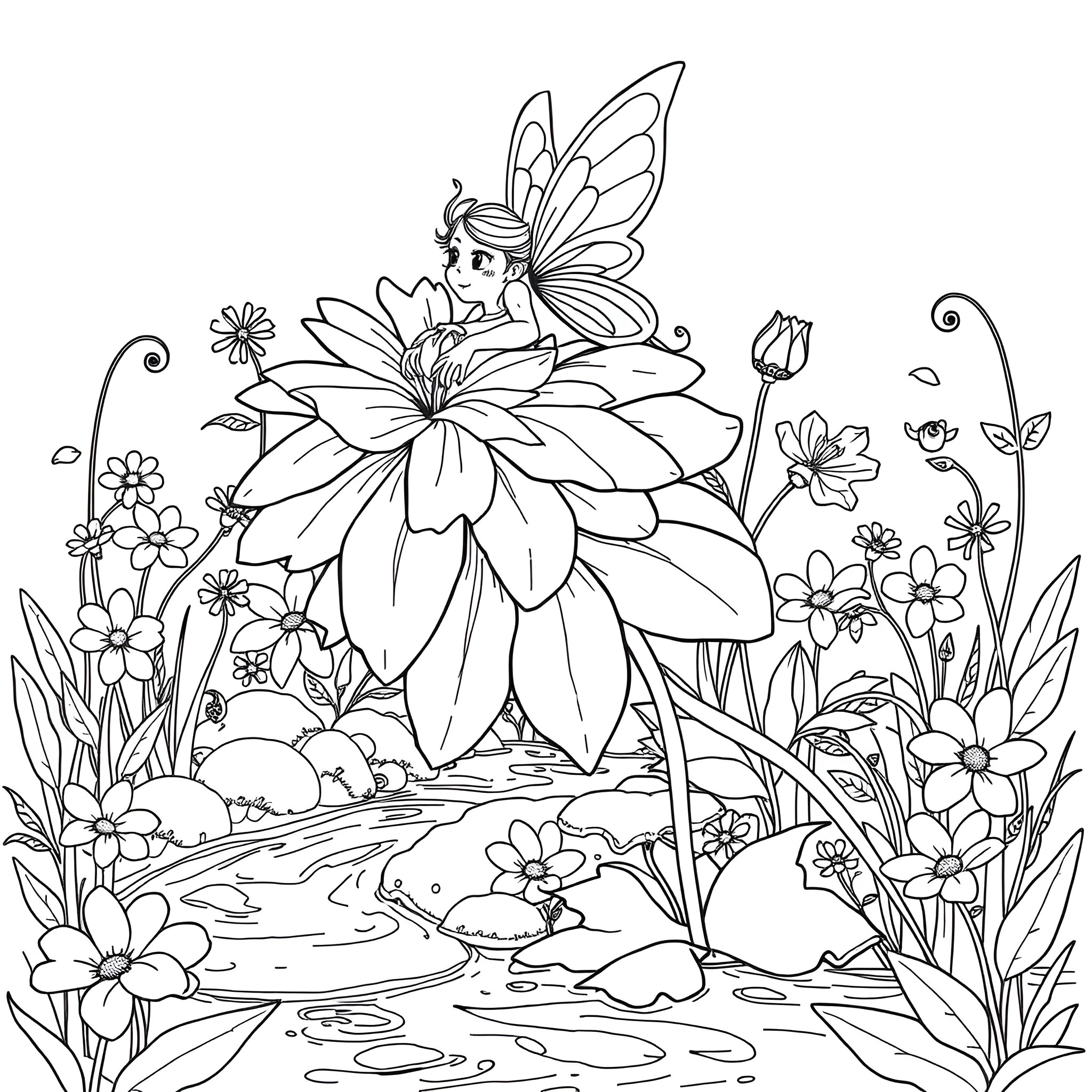 Fairy playing on a flower in a magical garden Coloring Page (free black-and-white line drawing printable PDF for all, from beginners to advanced learners, including children, teens, adults, and seniors)