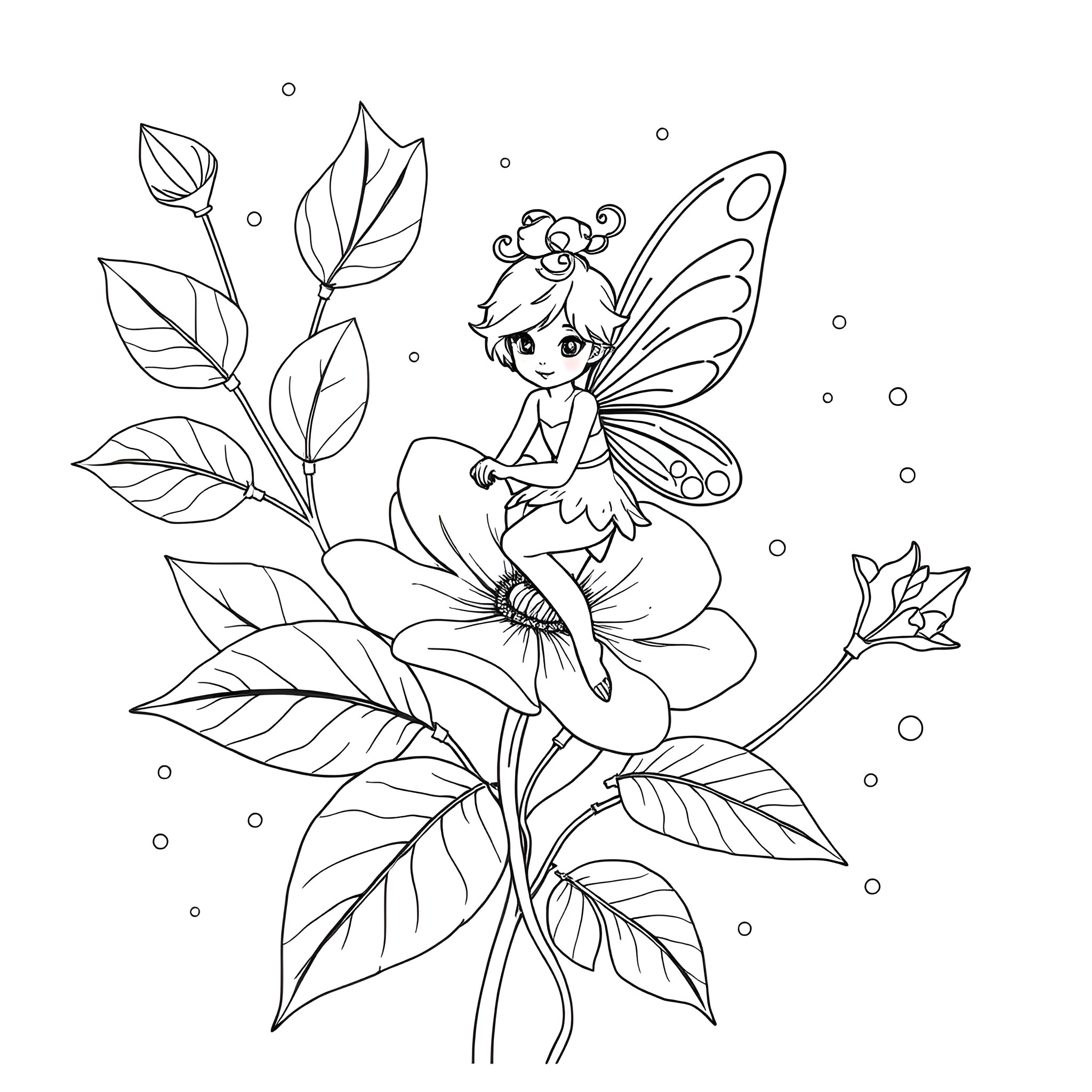Fairy resting on a vibrant floral Coloring Page (free black-and-white line drawing printable PDF for all, from beginners to advanced learners, including children, teens, adults, and seniors)