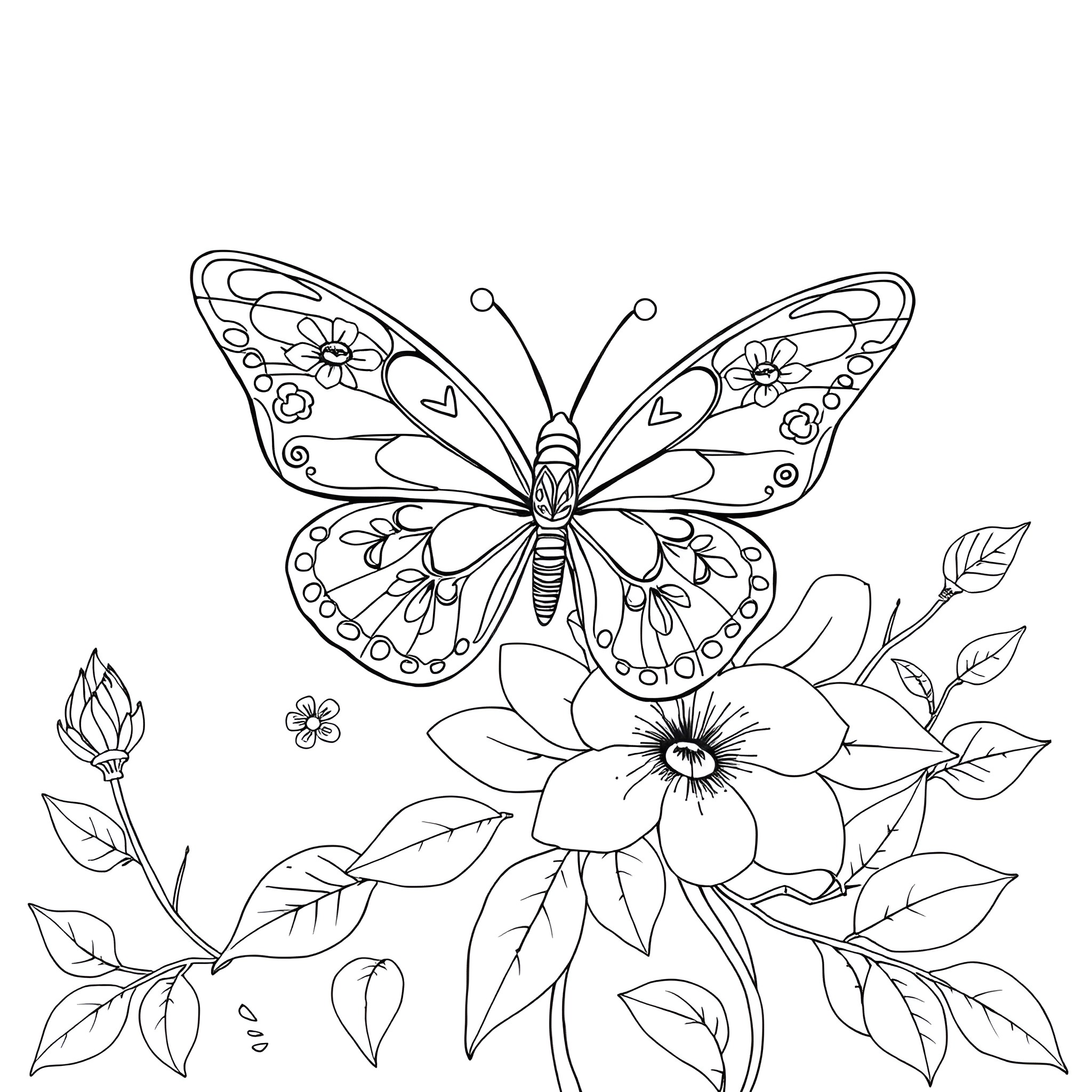 Flower Butterfly Fluttering Over Blooming Flowers Coloring Page (free black-and-white line drawing printable PDF for all, from beginners to advanced learners, including children, teens, adults, and seniors)