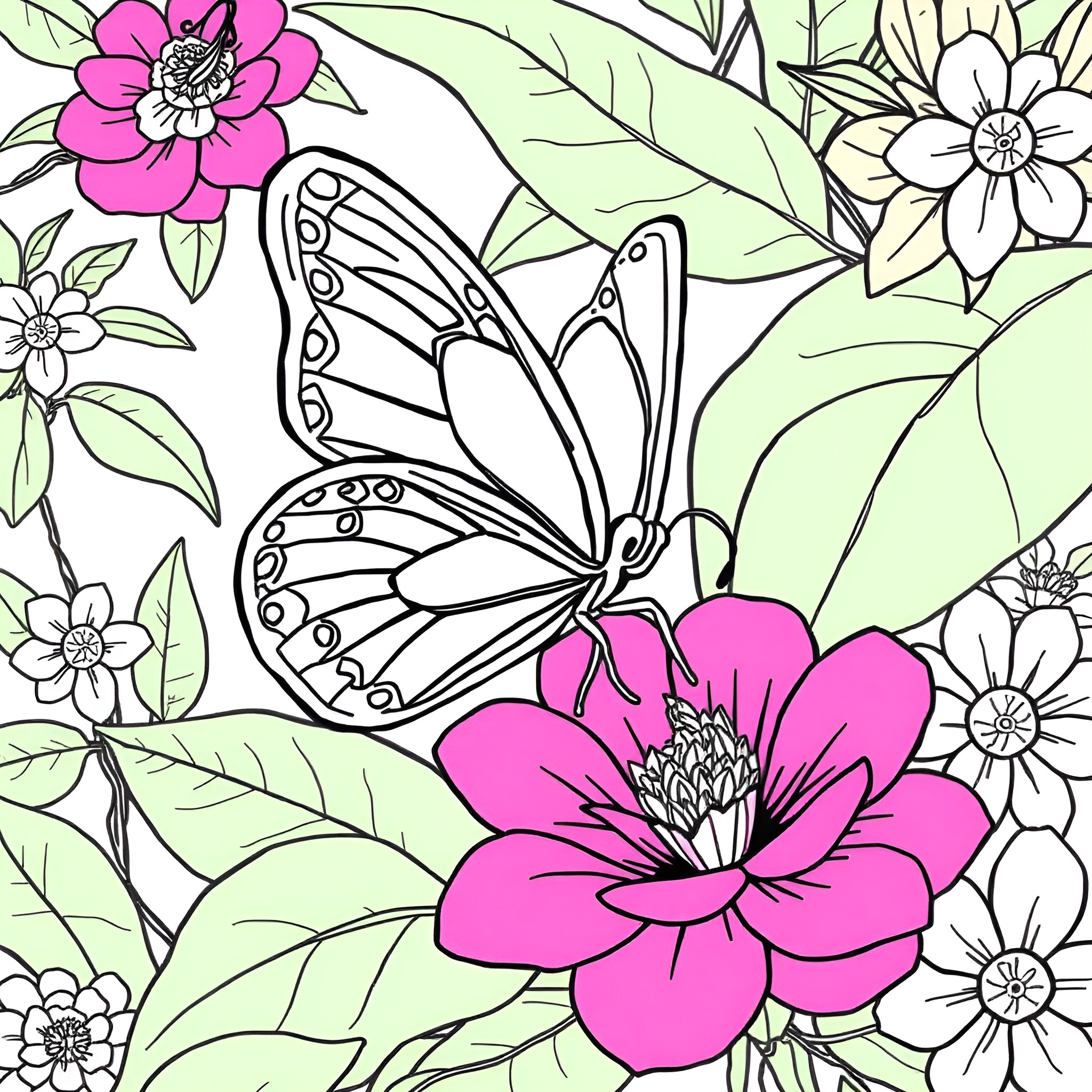 Flower Butterfly Dance in Floral Garden Coloring Page (free black-and-white line drawing printable PDF for all, from beginners to advanced learners, including children, teens, adults, and seniors)