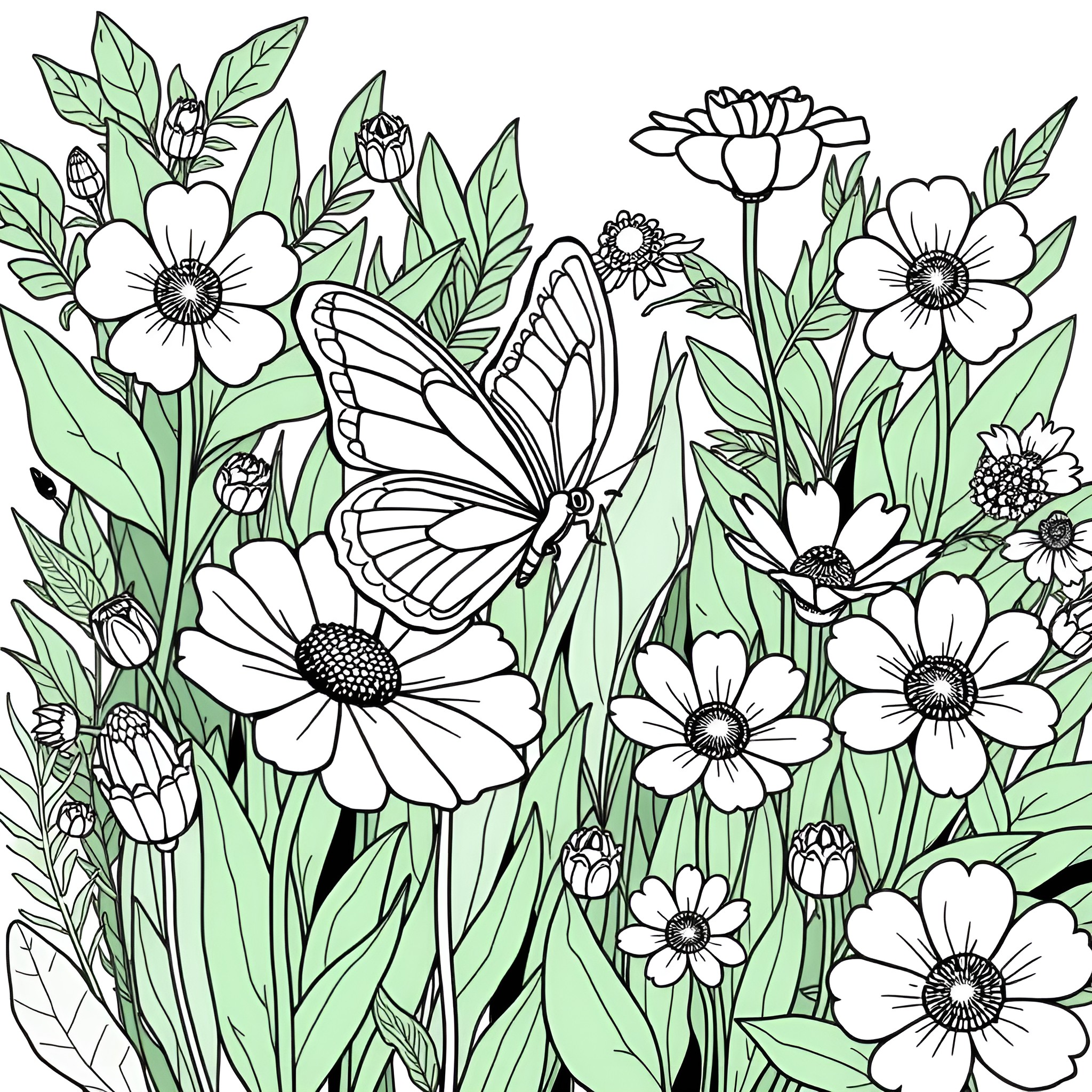 Flower Butterfly Garden Filled with Joy Coloring Page (free black-and-white line drawing printable PDF for all, from beginners to advanced learners, including children, teens, adults, and seniors)
