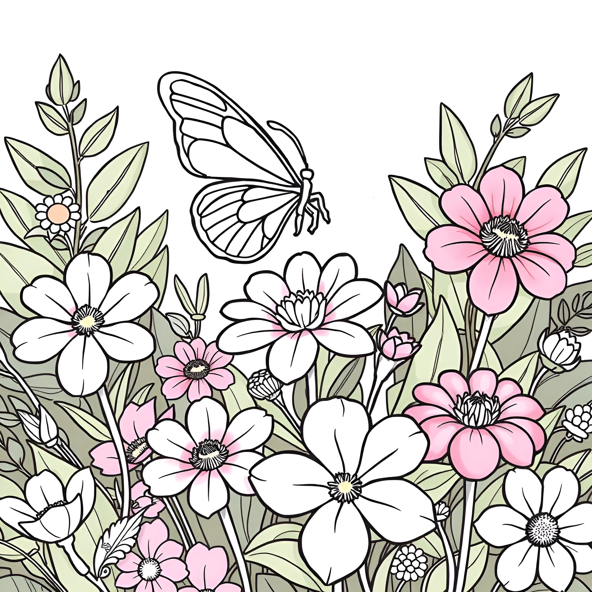 Flowers and Butterflies in a Blooming Garden Coloring Page (free black-and-white line drawing printable PDF for all, from beginners to advanced learners, including children, teens, adults, and seniors)