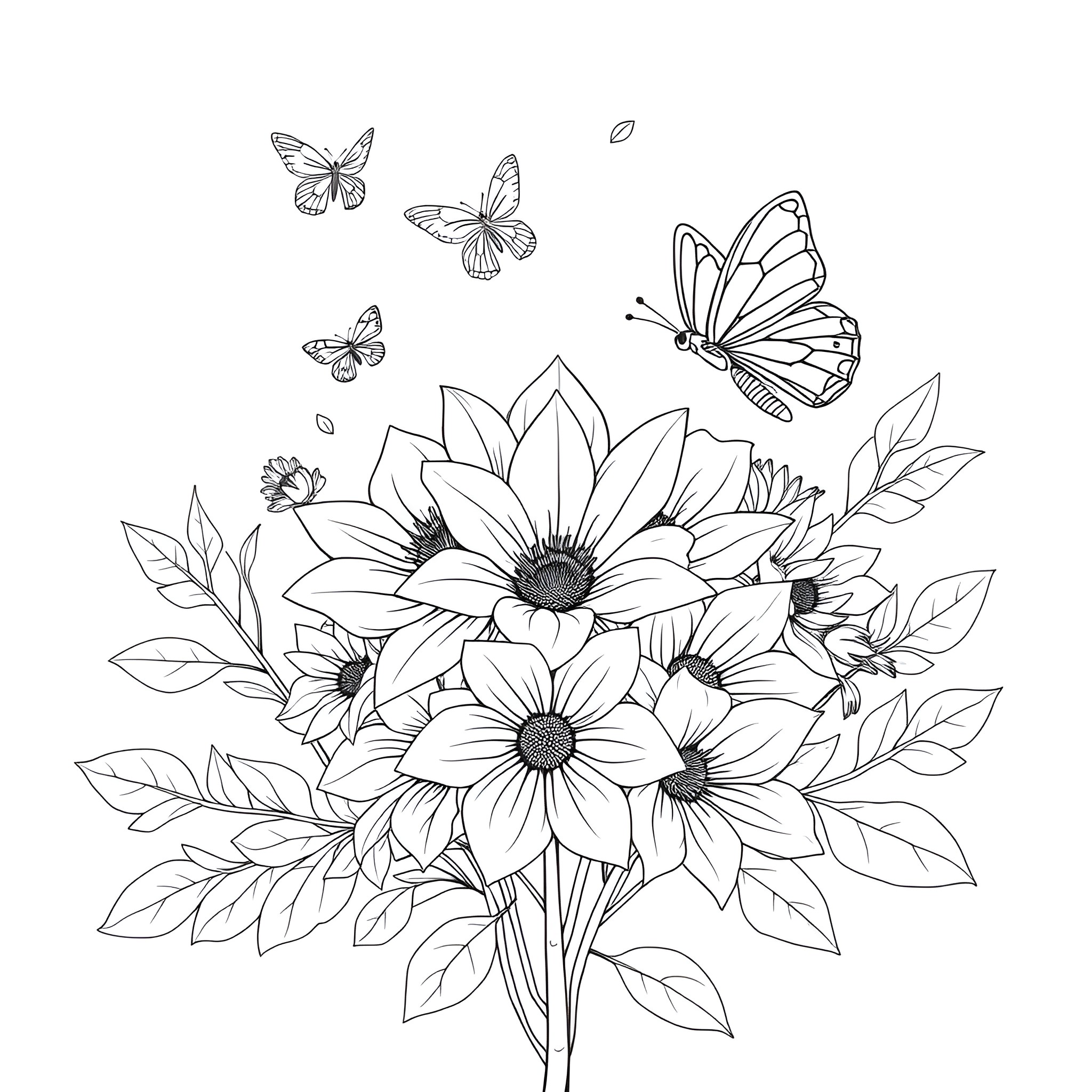 Flower Butterfly Bouquet in Bloom Coloring Page (free black-and-white line drawing printable PDF for all, from beginners to advanced learners, including children, teens, adults, and seniors)
