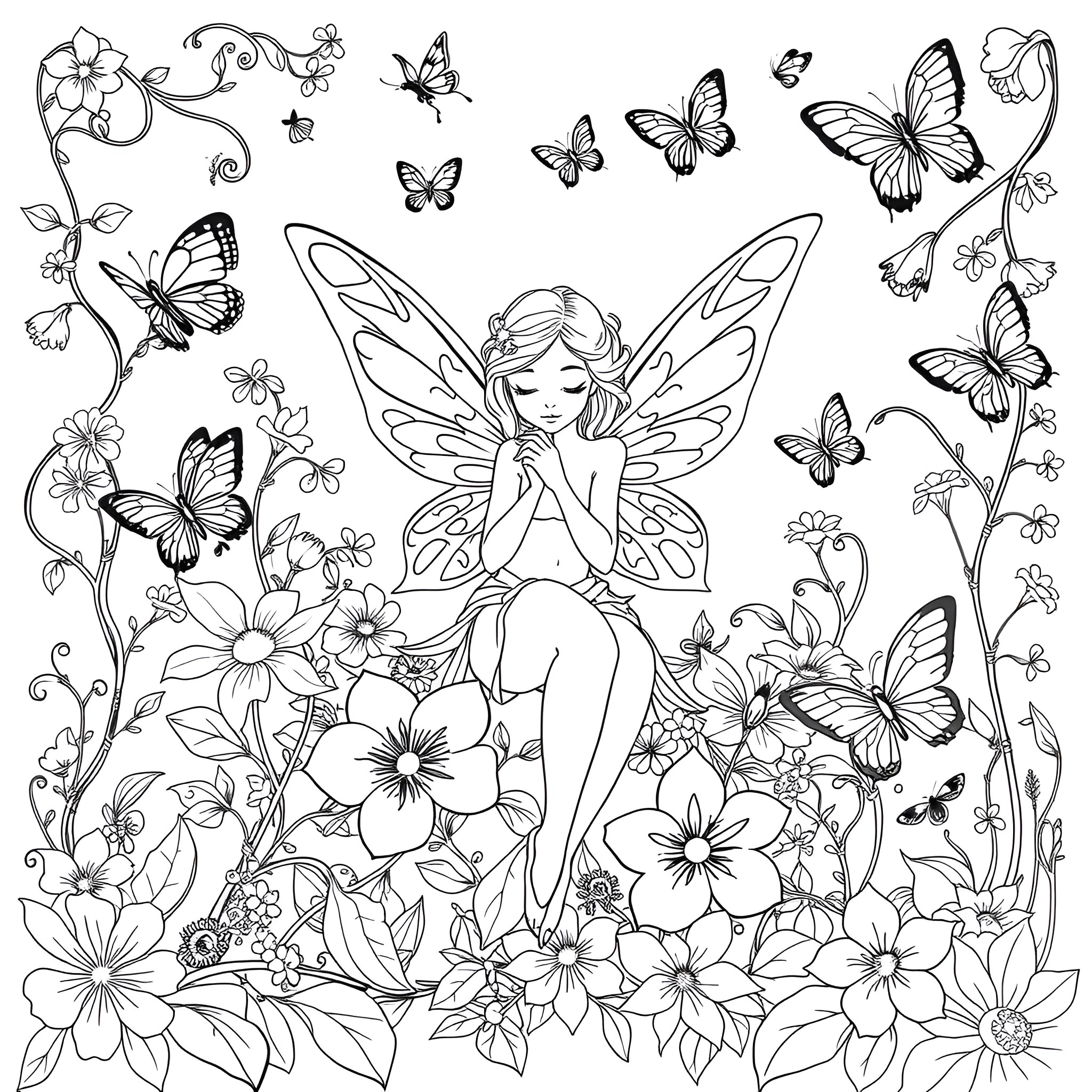 Butterfly Fairy sitting among colorful flowers and butterflies Coloring Page (free black-and-white line drawing printable PDF for all, from beginners to advanced learners, including children, teens, adults, and seniors)