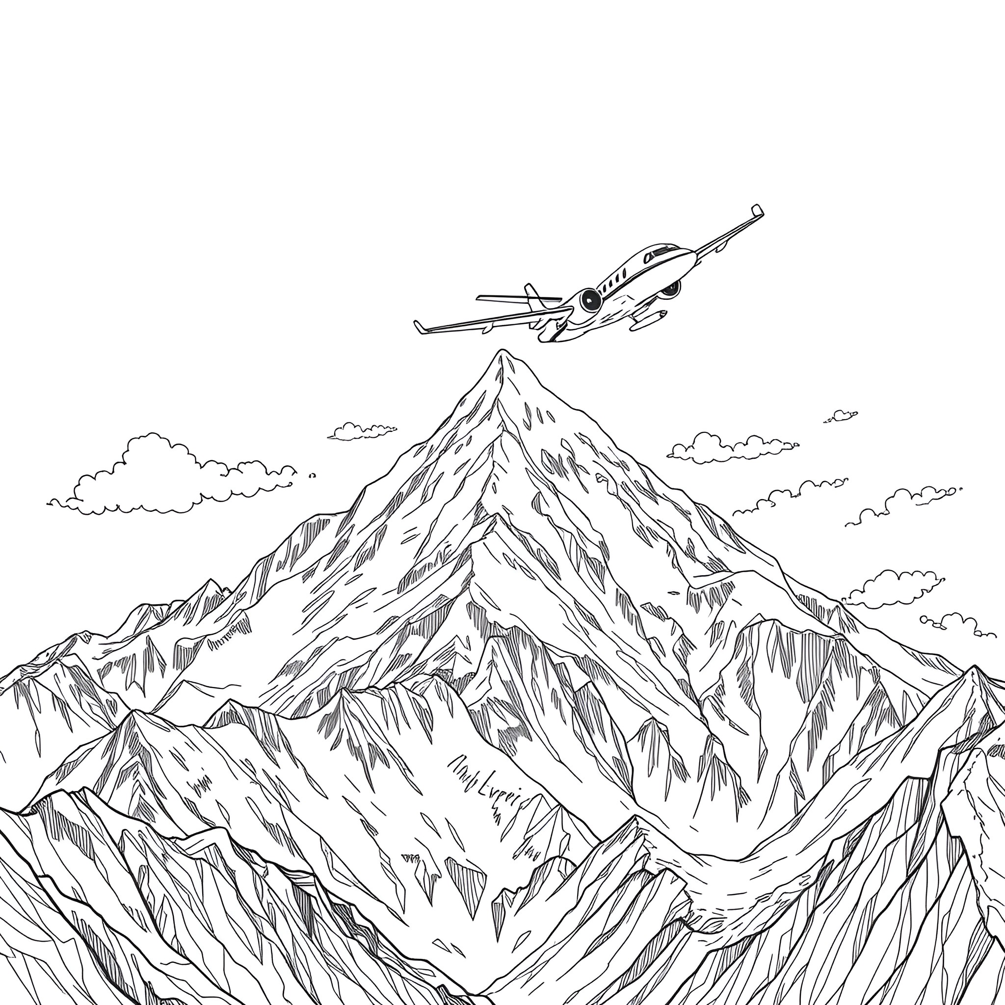 Airplane Flying on Mount Everest with Dramatic Scenery Coloring Page (free black-and-white line drawing printable PDF for all, from beginners to advanced learners, including children, teens, adults, and seniors)
