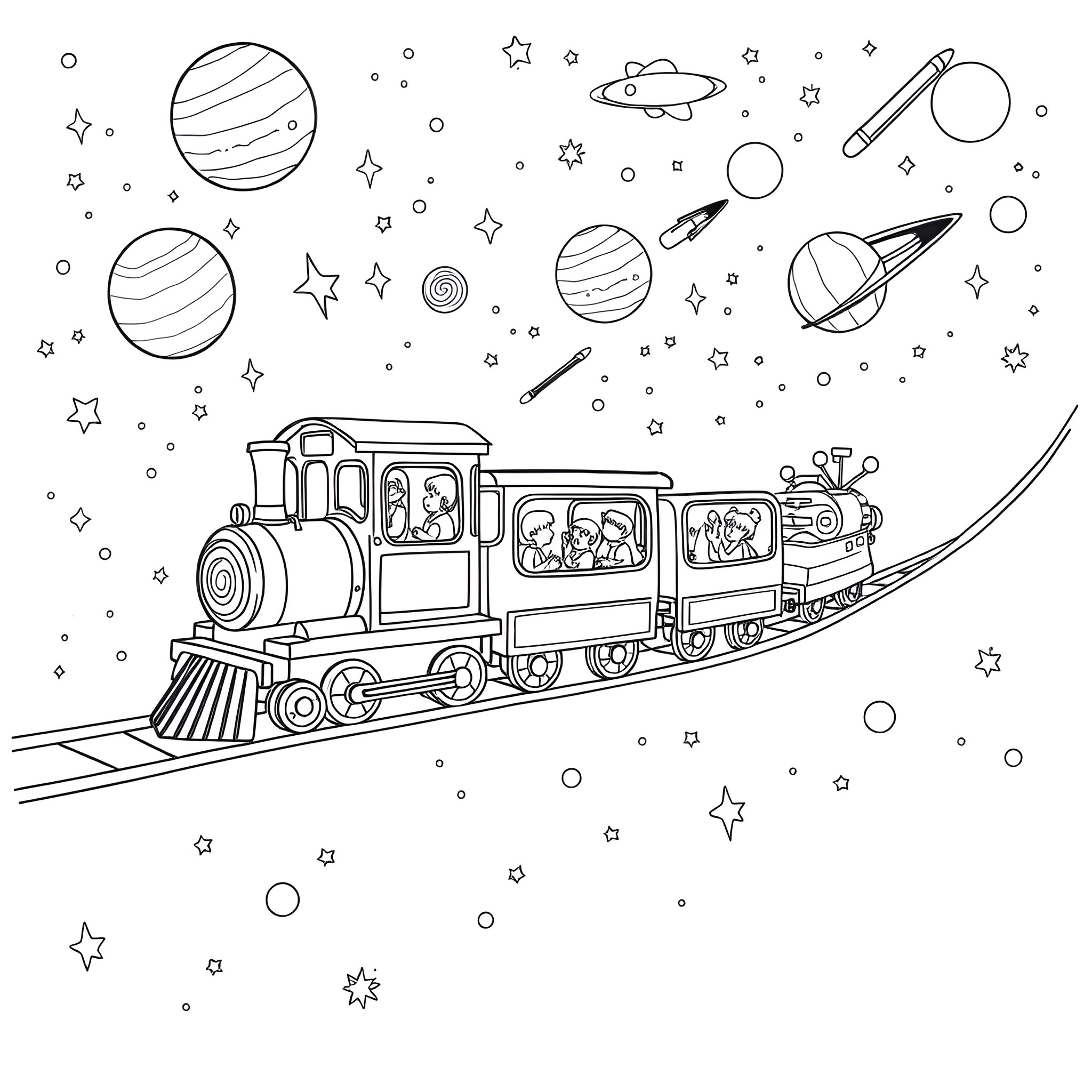 Flying Train in Space with Passengers Coloring Page (free black-and-white line drawing printable PDF for all, from beginners to advanced learners, including children, teens, adults, and seniors)