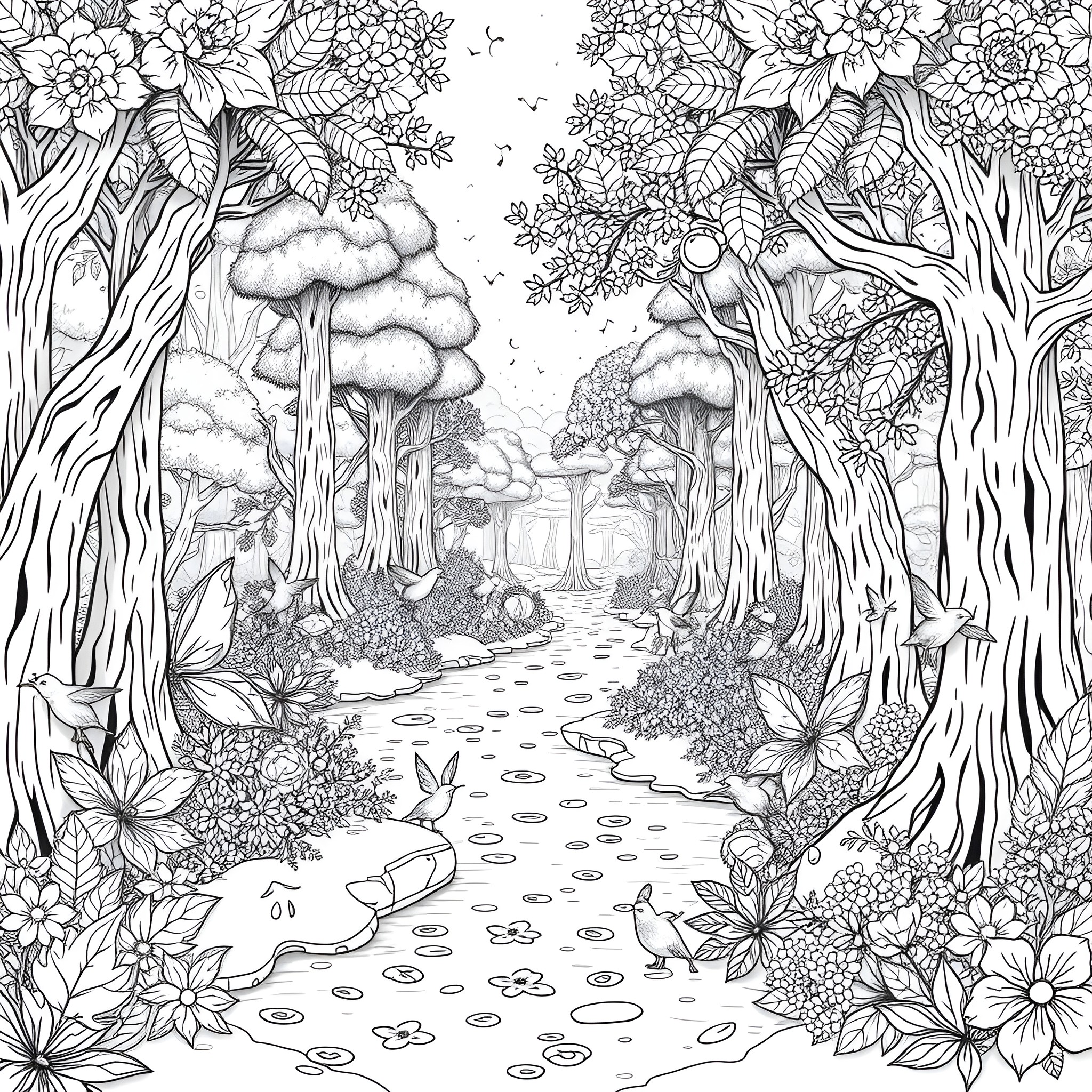 Fairyland of Enchanting Flowers and Woodland Creatures Coloring Page (free black-and-white line drawing printable PDF for all, from beginners to advanced learners, including children, teens, adults, and seniors)