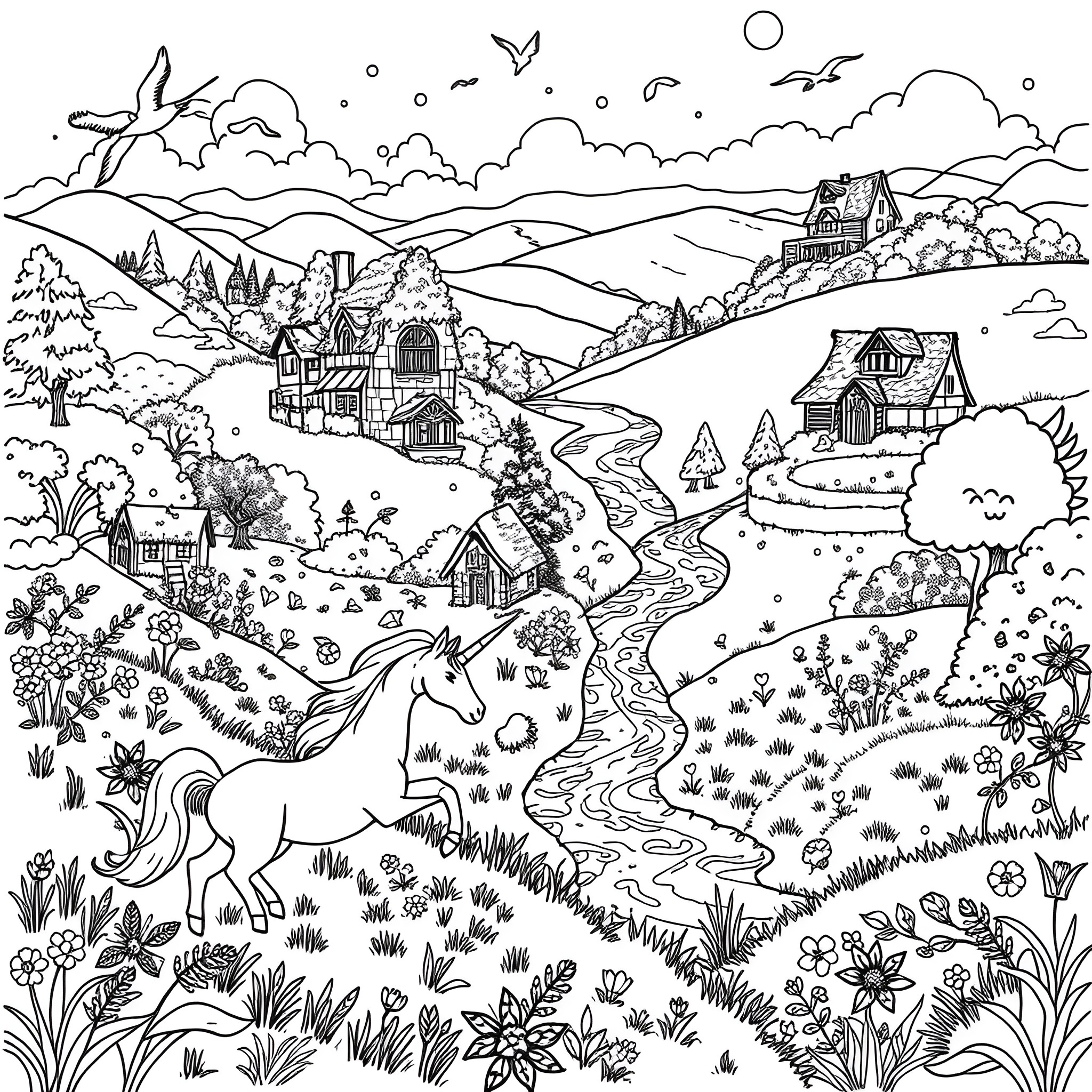 Unicorn Land: A Whimsical Landscape with Charming Cottages and Flowing Rivers Coloring Page (free black-and-white line drawing printable PDF for all, from beginners to advanced learners, including children, teens, adults, and seniors)