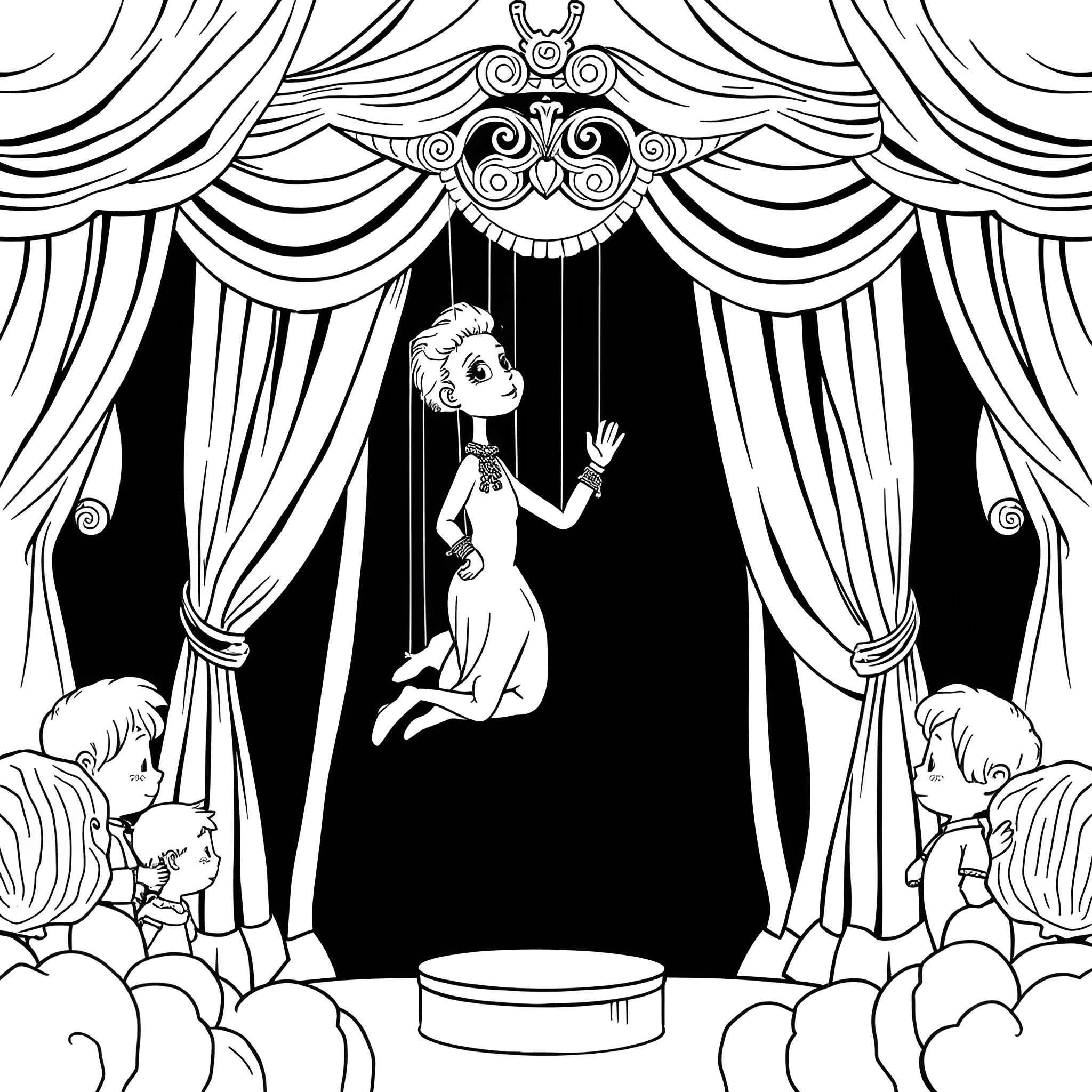 Talking Doll performing on the stage Coloring Page (free black-and-white line drawing printable PDF for all, from beginners to advanced learners, including children, teens, adults, and seniors)
