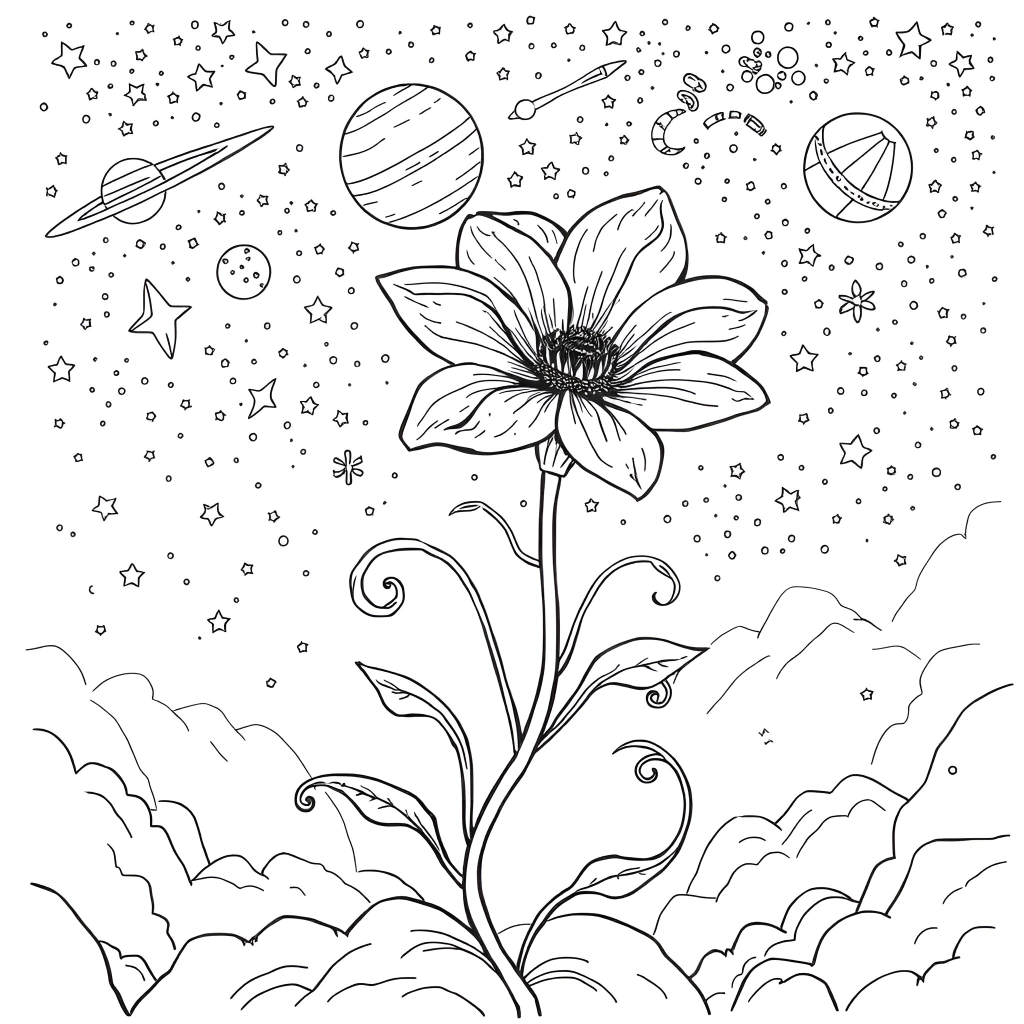 Flower Growing in Space Coloring Page (free black-and-white line drawing printable PDF for all, from beginners to advanced learners, including children, teens, adults, and seniors)