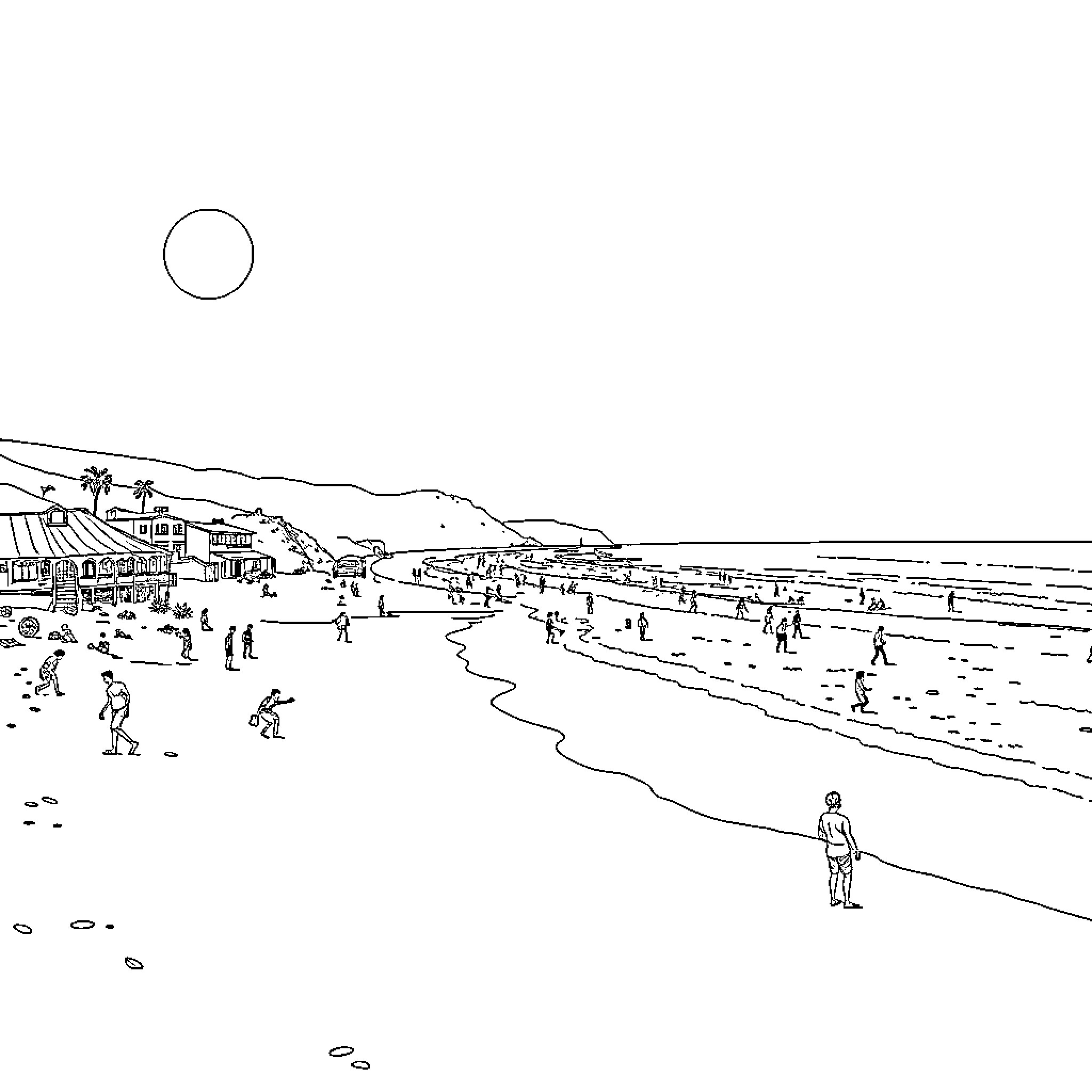 Malibu beach scene with people enjoying the day Coloring Page (free black-and-white line drawing printable PDF for all, from beginners to advanced learners, including children, teens, adults, and seniors)