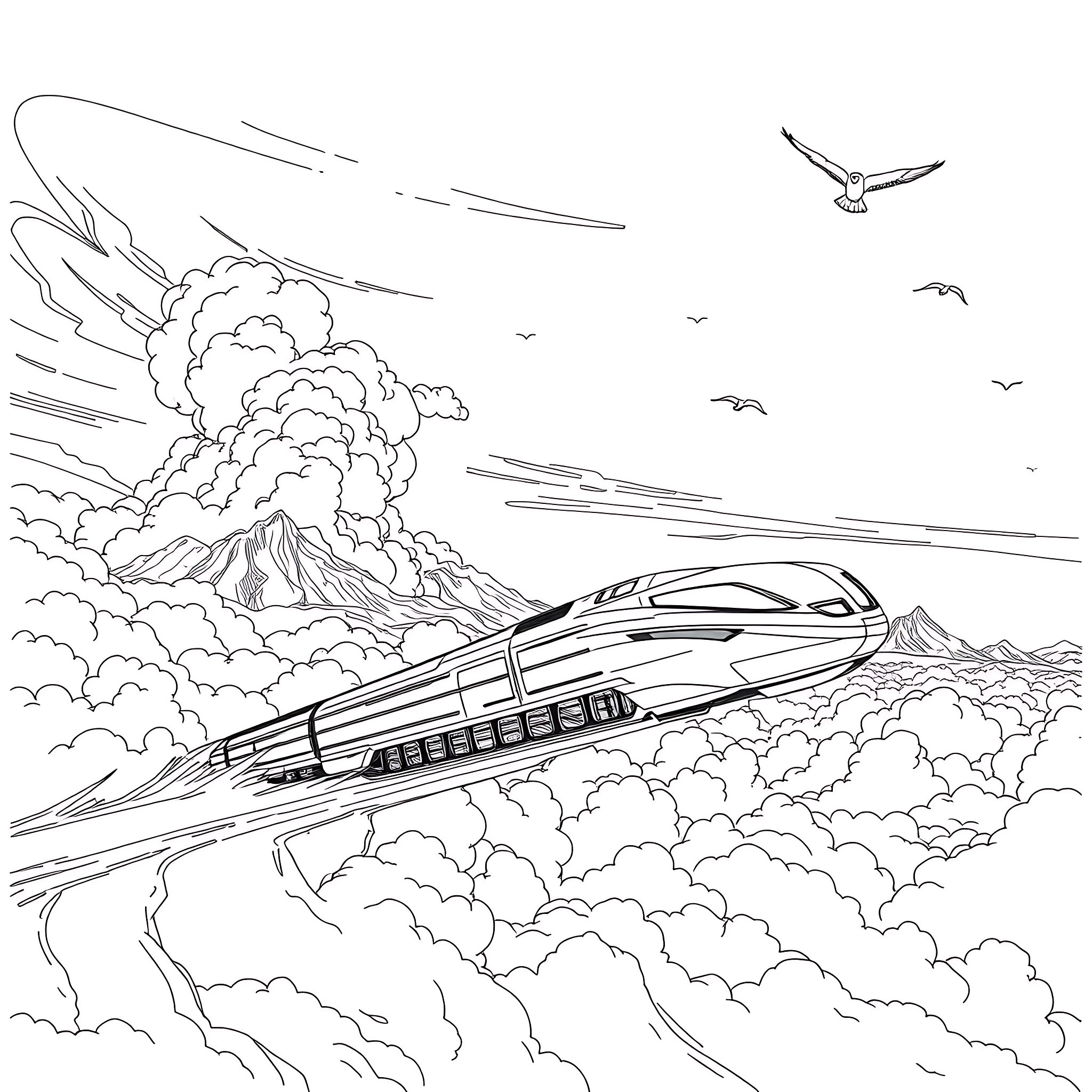Flying Train Soaring Through Cloudy Skies Coloring Page (free black-and-white line drawing printable PDF for all, from beginners to advanced learners, including children, teens, adults, and seniors)