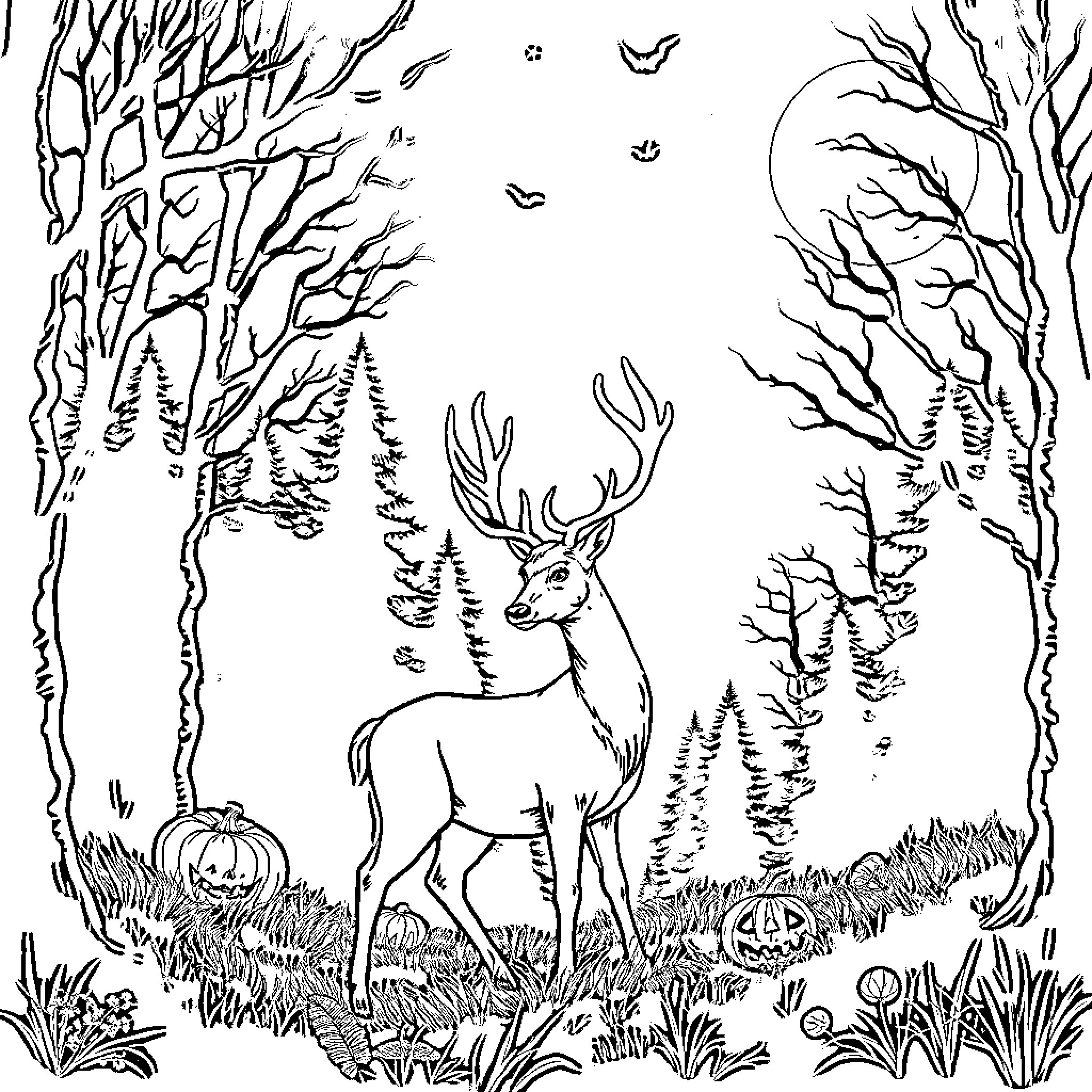 Deer standing in a mysterious forest landscape Coloring Page (free black-and-white line drawing printable PDF for all, from beginners to advanced learners, including children, teens, adults, and seniors)
