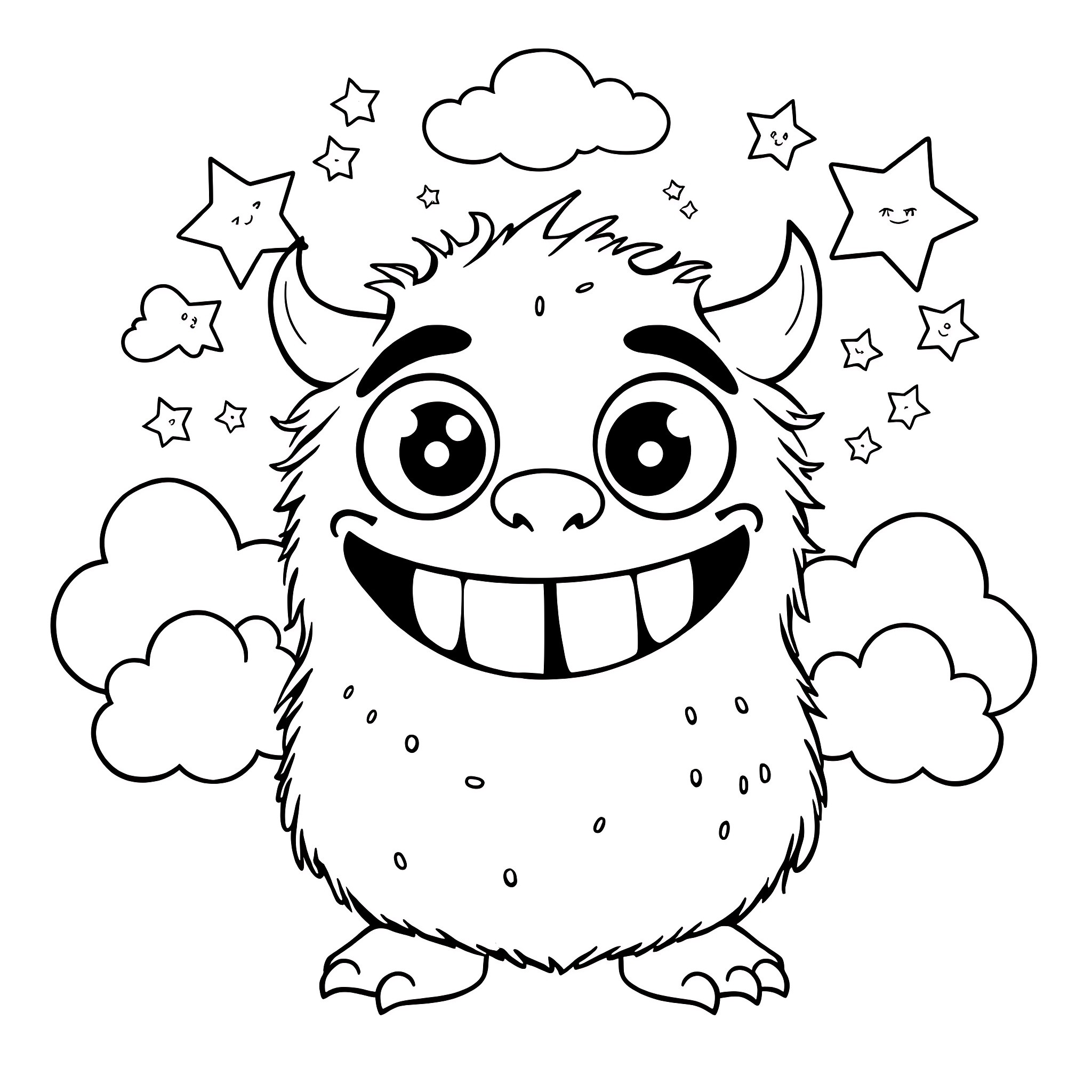 Monster with happy expression surrounded by clouds and stars Coloring Page (free black-and-white line drawing printable PDF for all, from beginners to advanced learners, including children, teens, adults, and seniors)