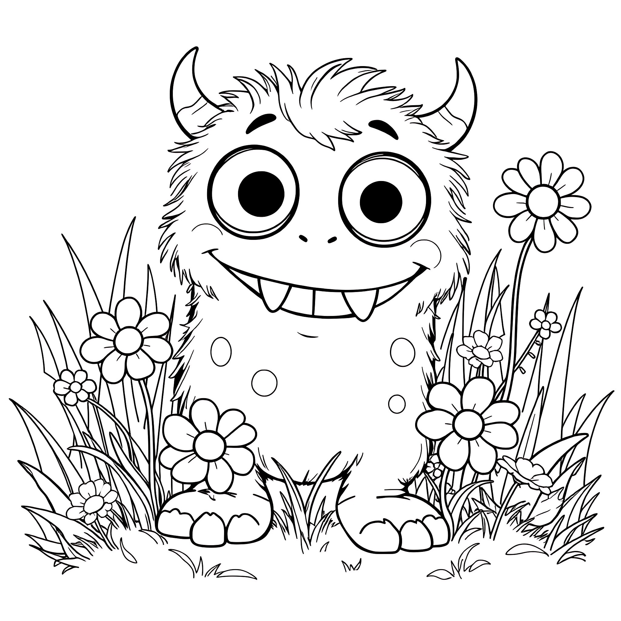 Monster playing among flowers in the field Coloring Page (free black-and-white line drawing printable PDF for all, from beginners to advanced learners, including children, teens, adults, and seniors)