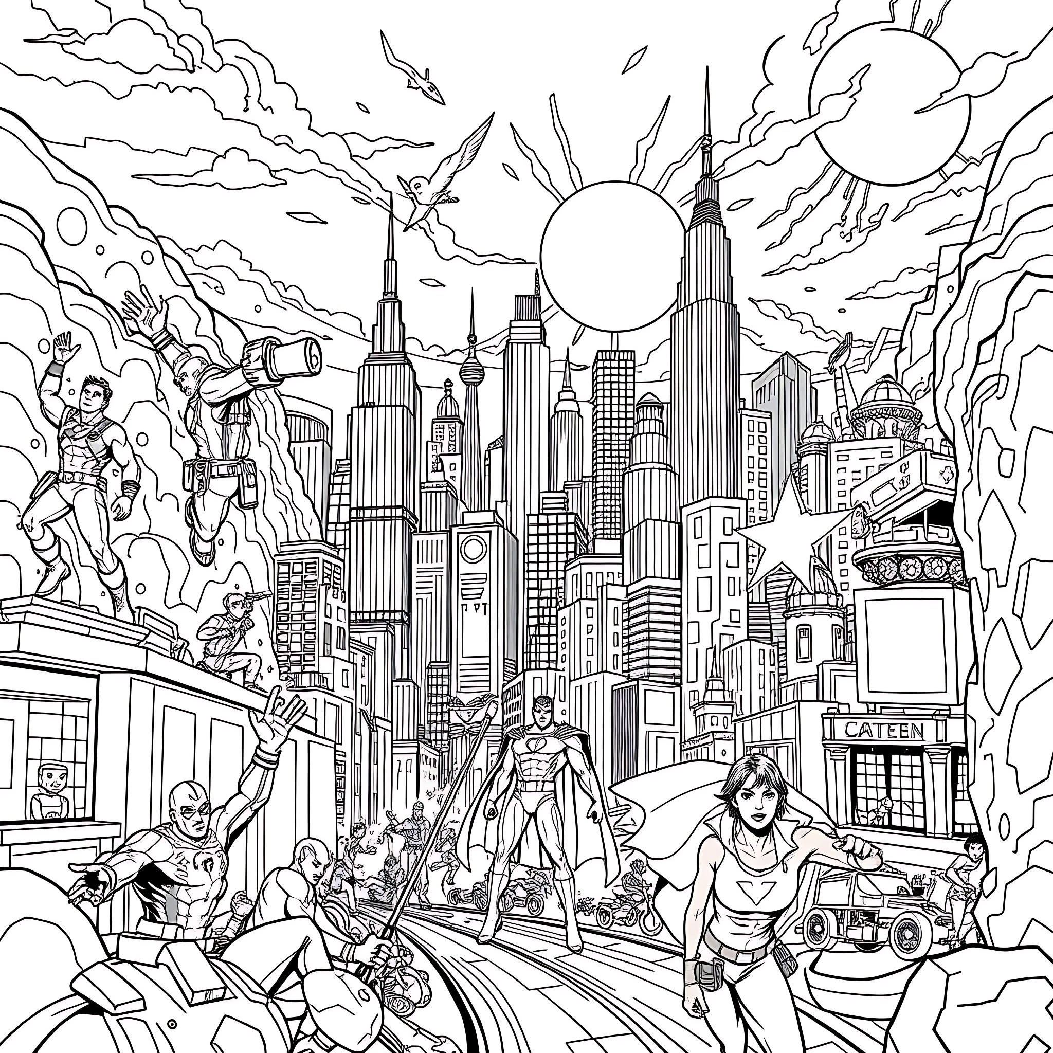 Superhero action scene in the city Coloring Page (free black-and-white line drawing printable PDF for all, from beginners to advanced learners, including children, teens, adults, and seniors)