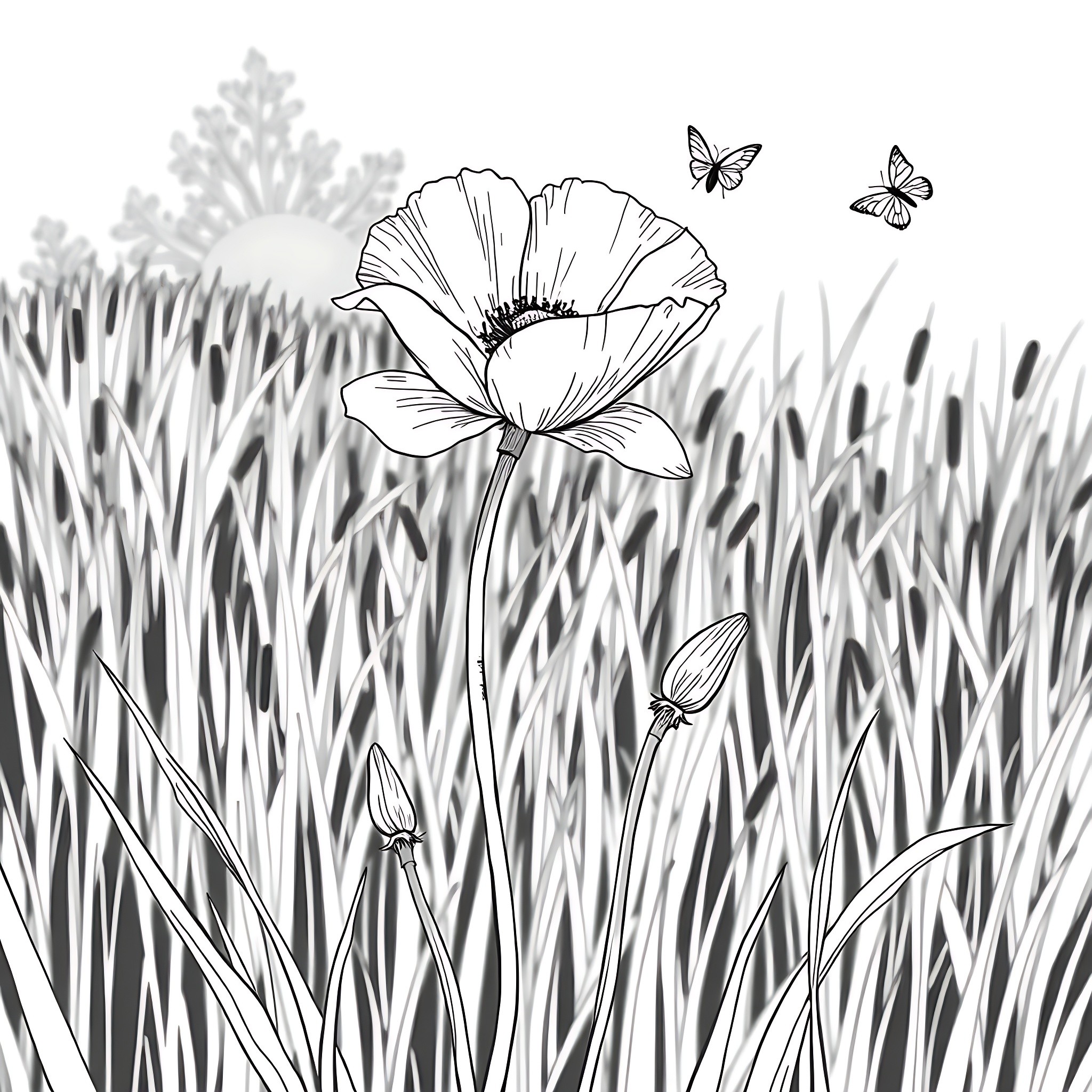 Poppy flower field with butterflies Coloring Page (free black-and-white line drawing printable PDF for all, from beginners to advanced learners, including children, teens, adults, and seniors)