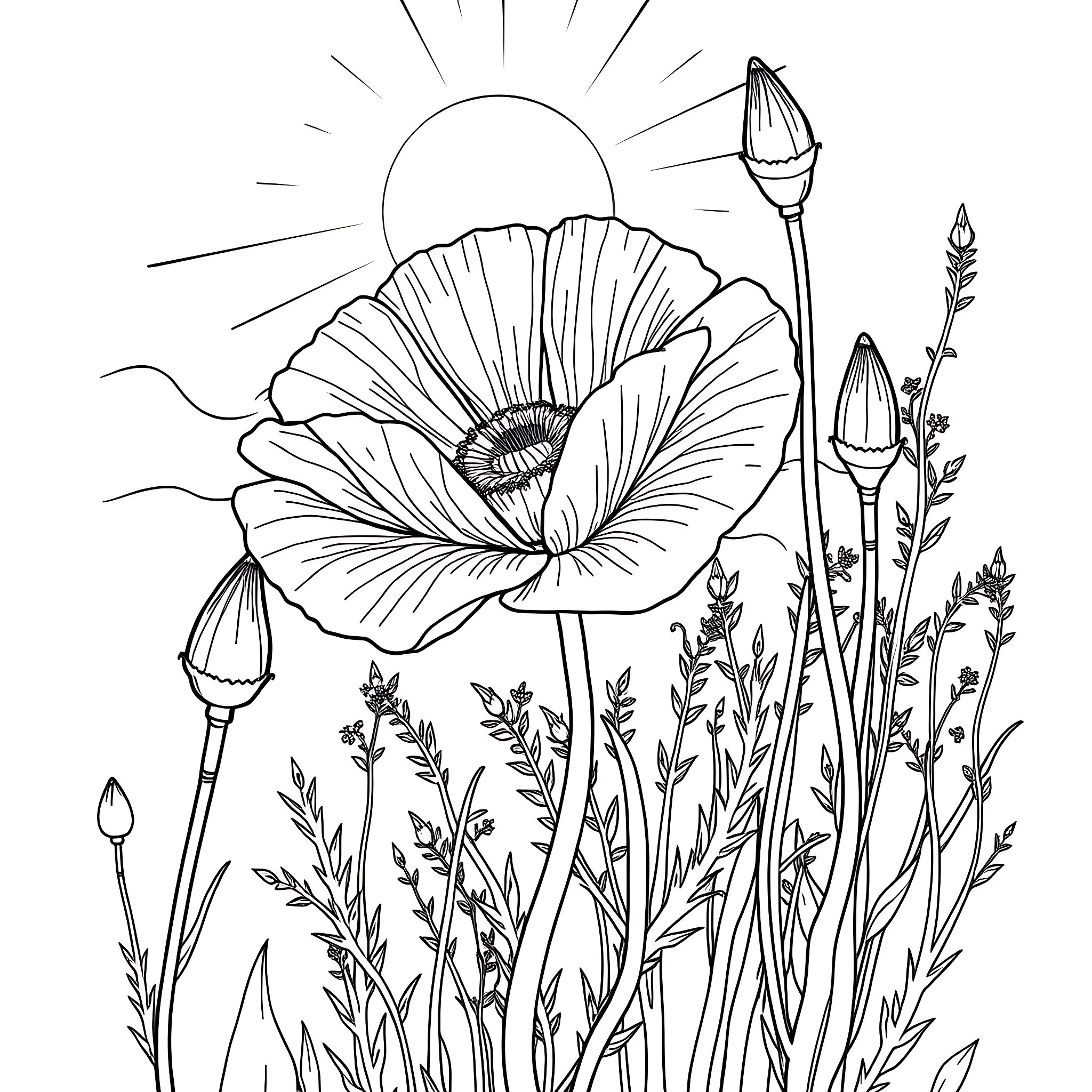 Poppy flower with sun and field of wildflowers Coloring Page (free black-and-white line drawing printable PDF for all, from beginners to advanced learners, including children, teens, adults, and seniors)