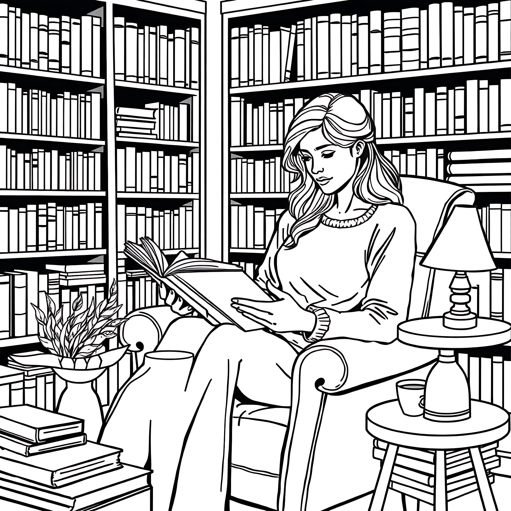 Woman reading a book in a cozy library Coloring Page (free black-and-white line drawing printable PDF for all, from beginners to advanced learners, including children, teens, adults, and seniors)