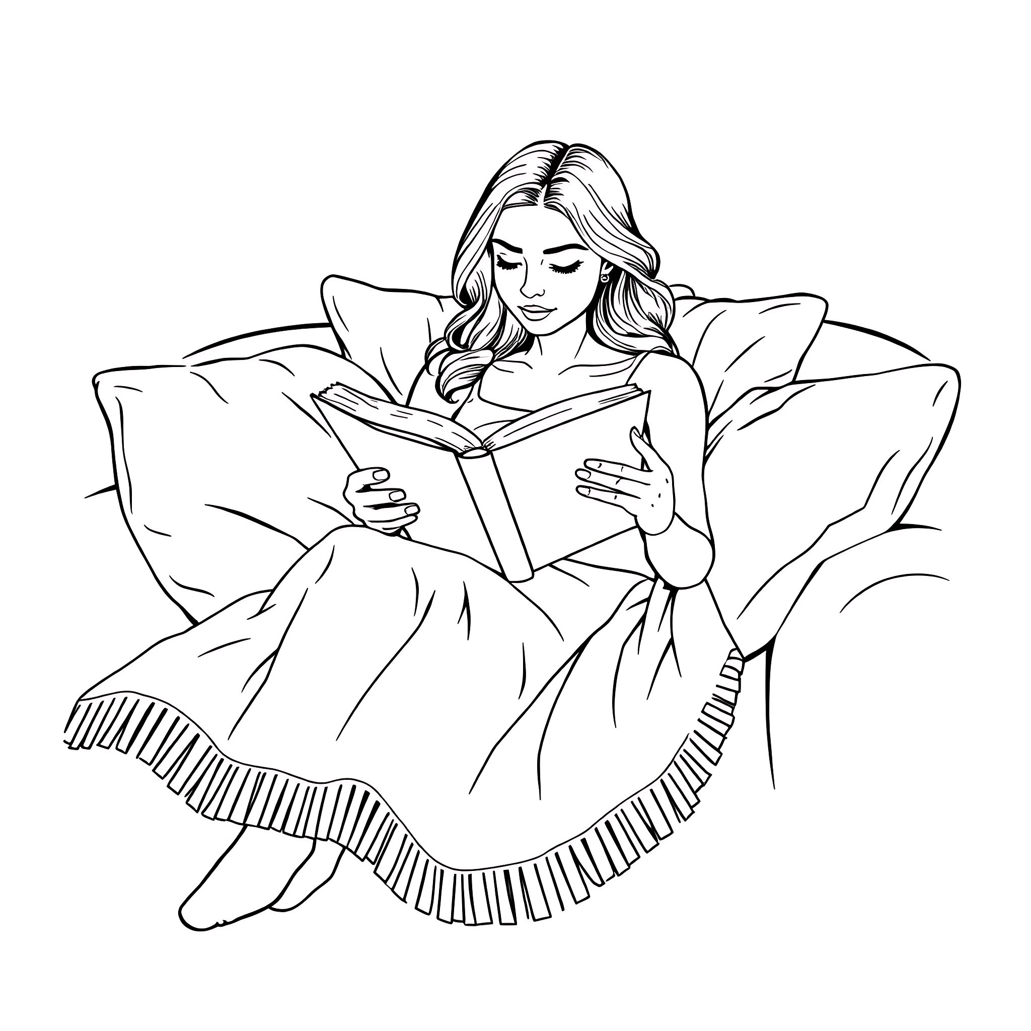 Woman reading a book on a cozy sofa Coloring Page (free black-and-white line drawing printable PDF for all, from beginners to advanced learners, including children, teens, adults, and seniors)