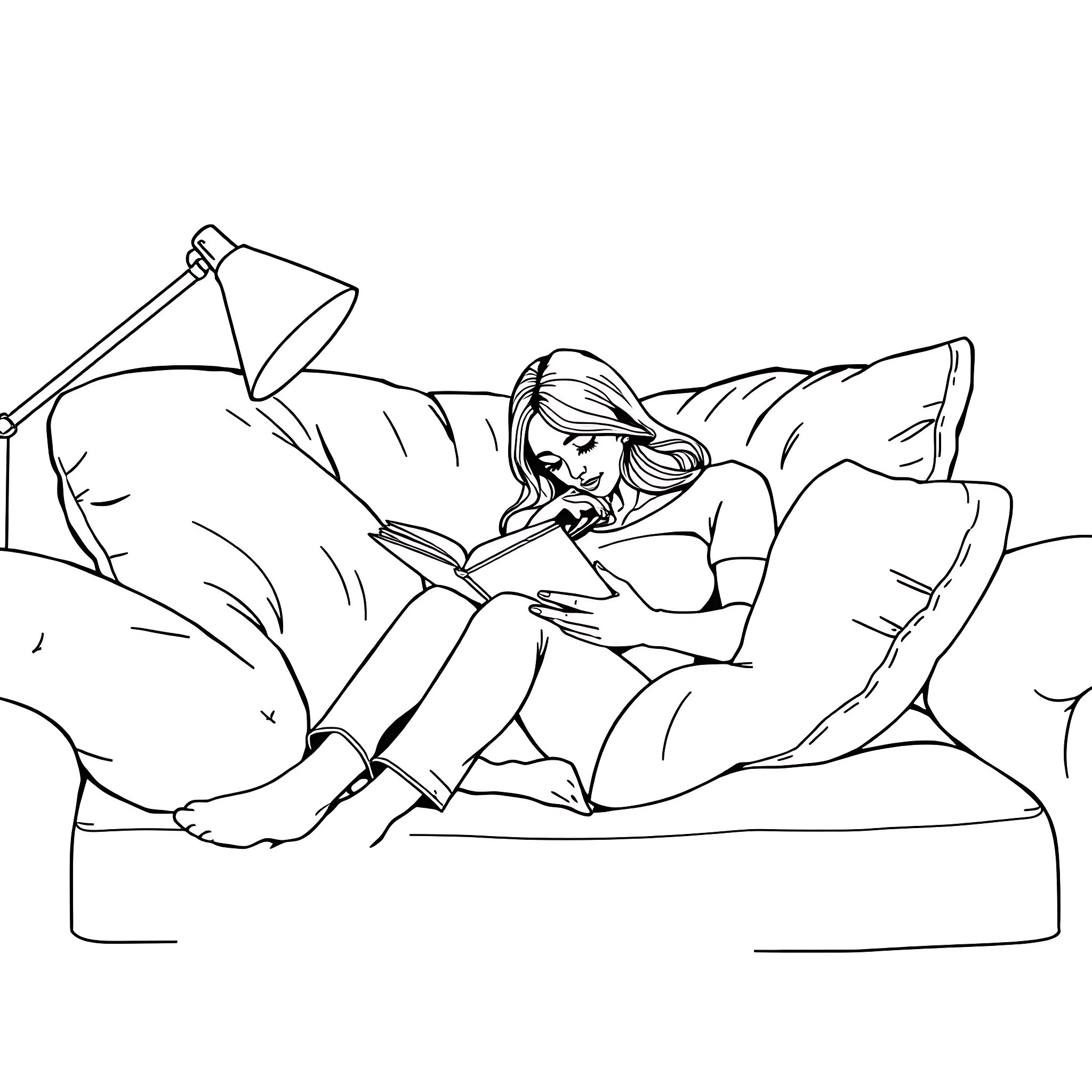Woman reading a book on the couch Coloring Page (free black-and-white line drawing printable PDF for all, from beginners to advanced learners, including children, teens, adults, and seniors)