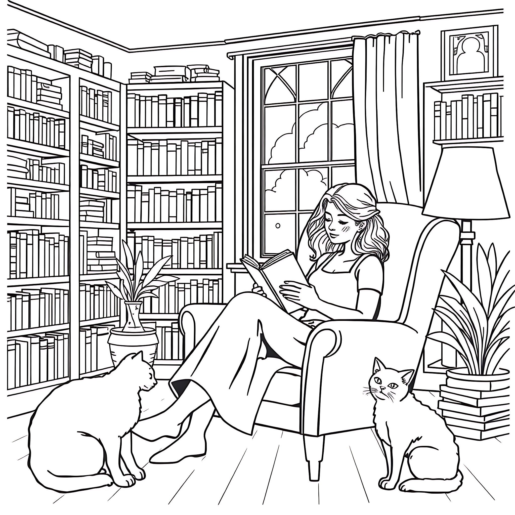 Woman reading book in cozy library with cats Coloring Page (free black-and-white line drawing printable PDF for all, from beginners to advanced learners, including children, teens, adults, and seniors)