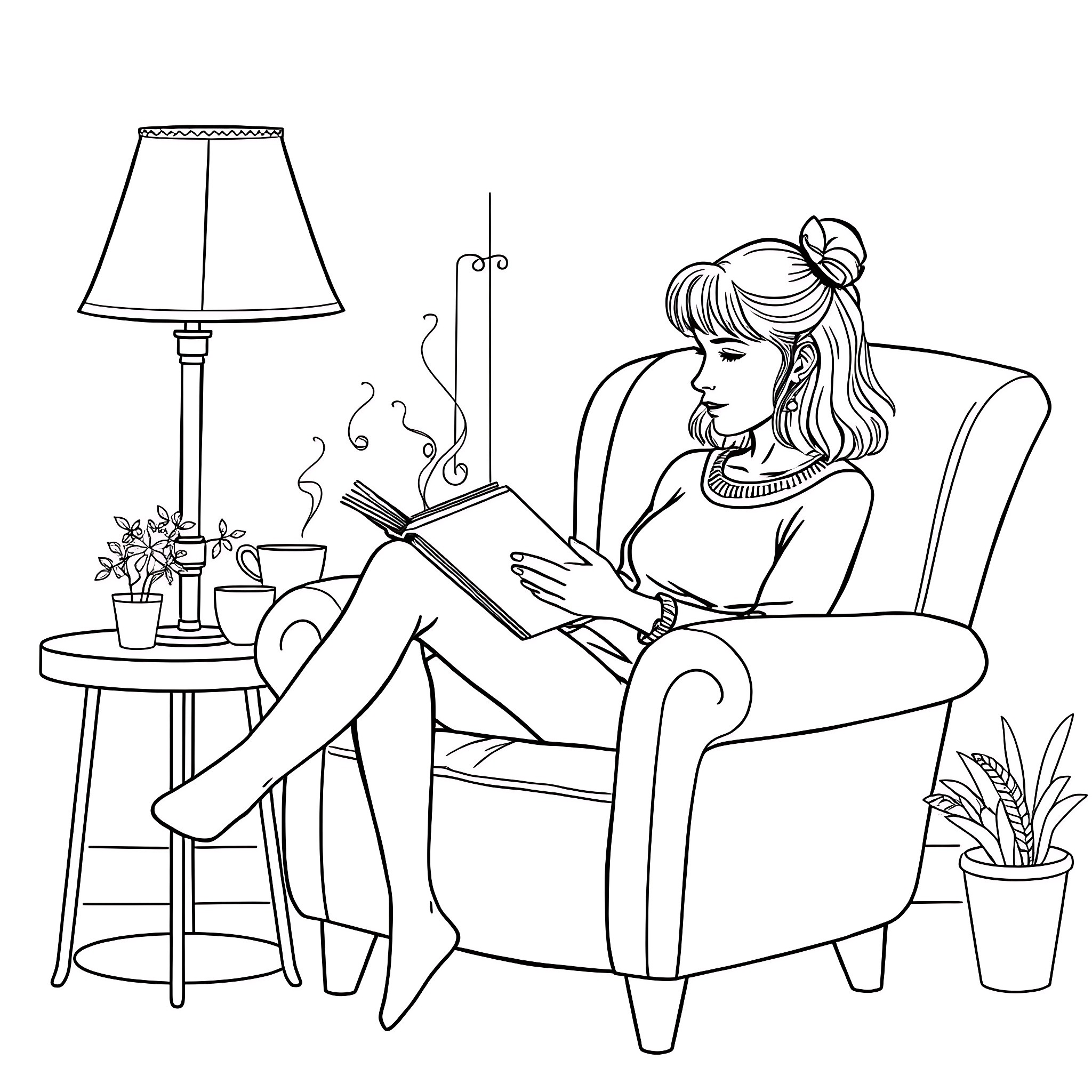 Woman reading a book in a cozy armchair Coloring Page (free black-and-white line drawing printable PDF for all, from beginners to advanced learners, including children, teens, adults, and seniors)