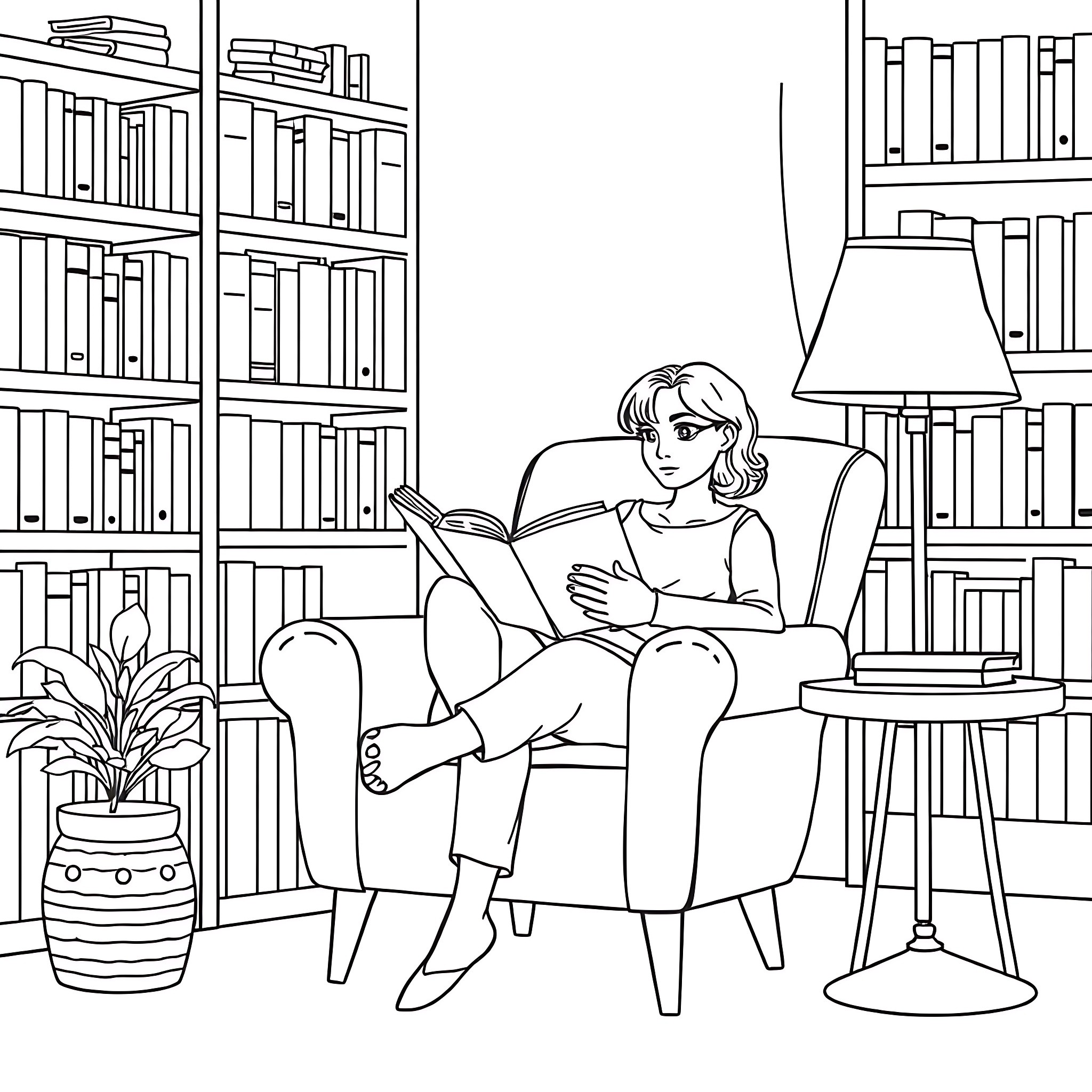Woman reading book in cozy library Coloring Page (free black-and-white line drawing printable PDF for all, from beginners to advanced learners, including children, teens, adults, and seniors)