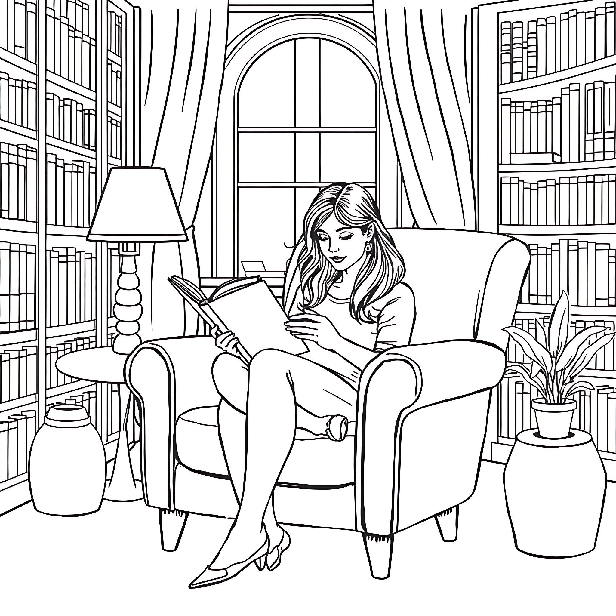 Woman reading a book in a cozy library Coloring Page (free black-and-white line drawing printable PDF for all, from beginners to advanced learners, including children, teens, adults, and seniors)