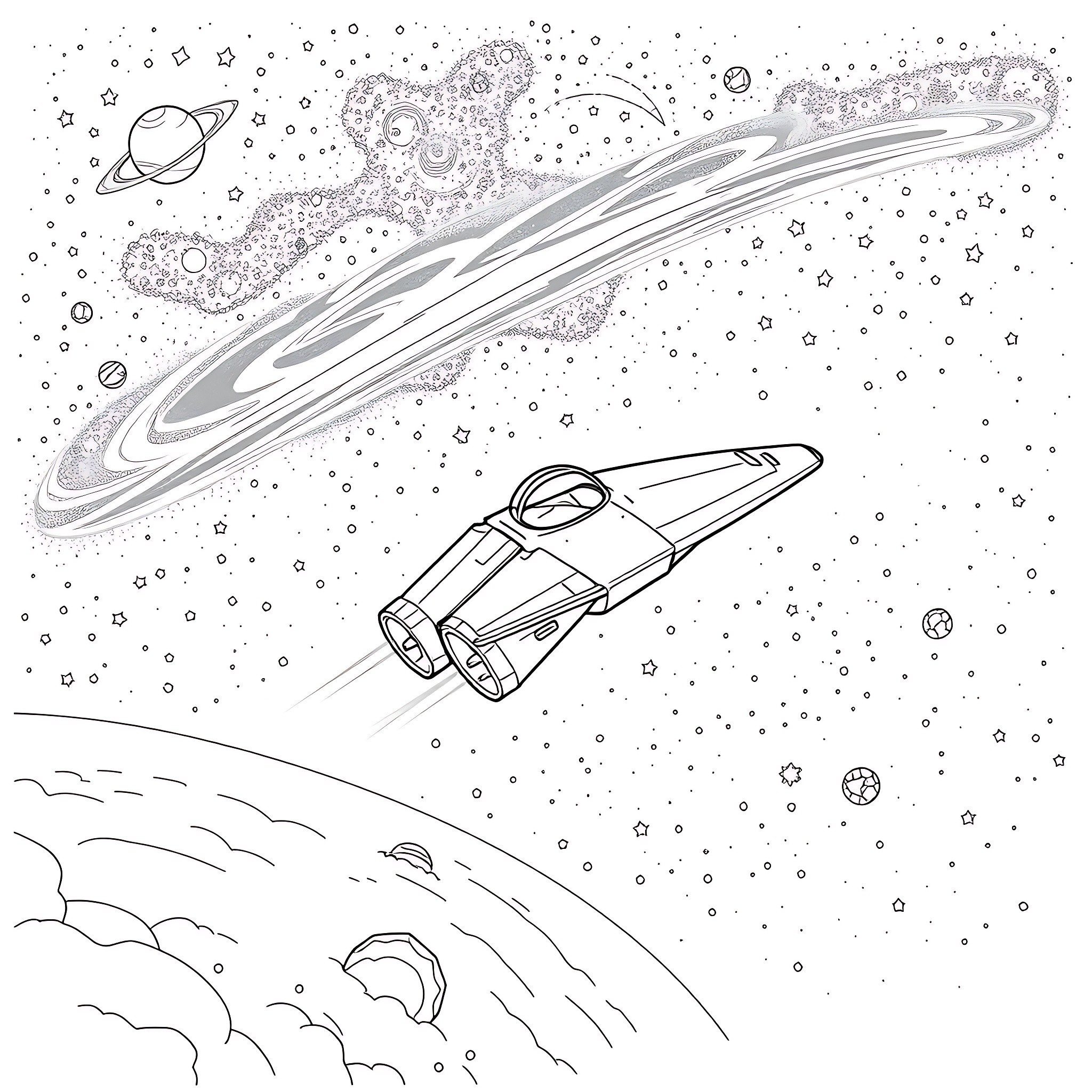 Spacecraft flying through cosmic landscape Coloring Page (free black-and-white line drawing printable PDF for all, from beginners to advanced learners, including children, teens, adults, and seniors)
