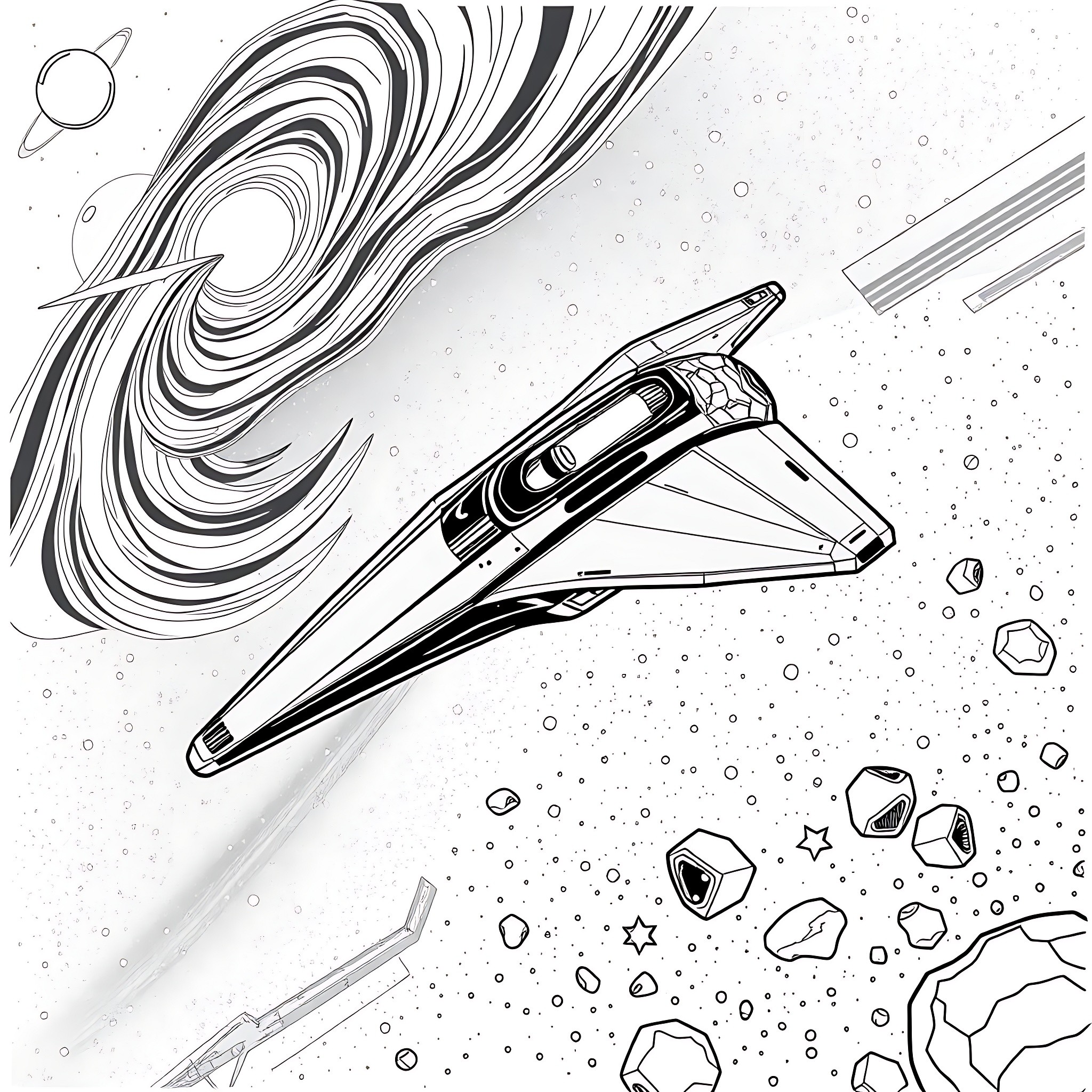 Spacecraft soaring through the cosmic void Coloring Page (free black-and-white line drawing printable PDF for all, from beginners to advanced learners, including children, teens, adults, and seniors)