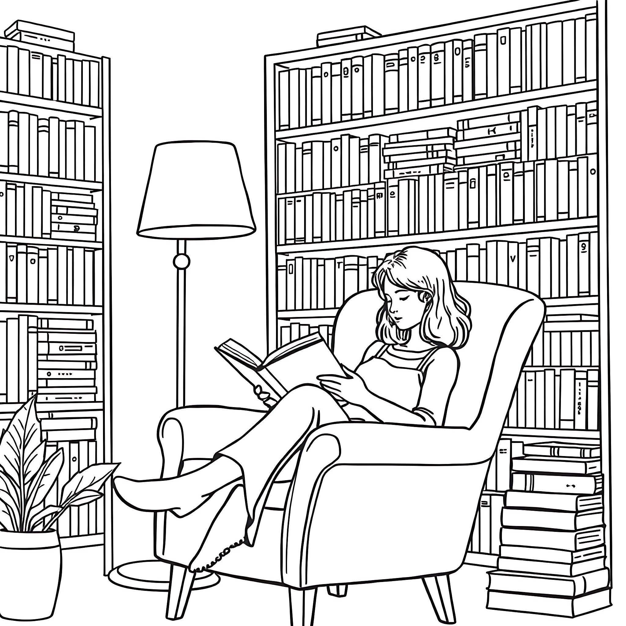 Woman Reading Book in Library Coloring Page (free black-and-white line drawing printable PDF for all, from beginners to advanced learners, including children, teens, adults, and seniors)
