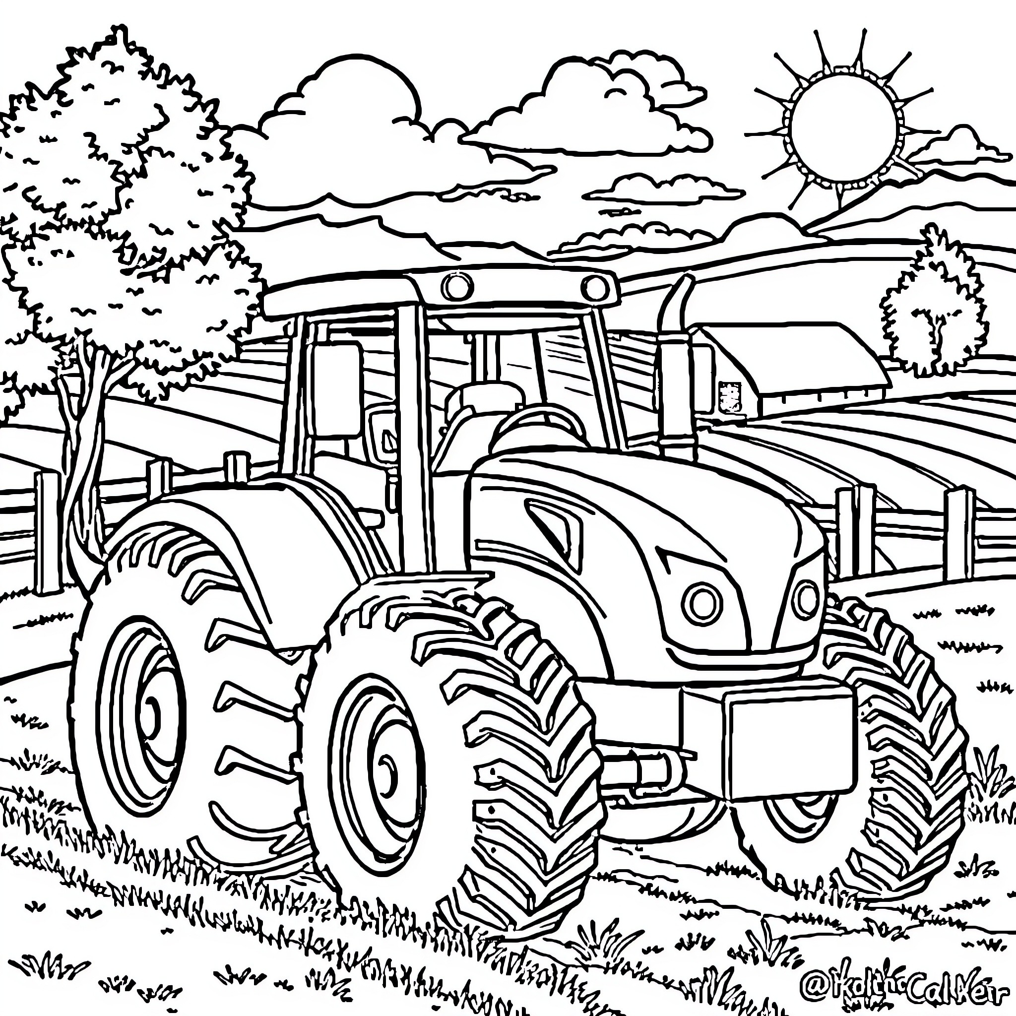 Tractor Dinosaur Plowing Through Countryside Landscape Coloring Page (free black-and-white line drawing printable PDF for all, from beginners to advanced learners, including children, teens, adults, and seniors)